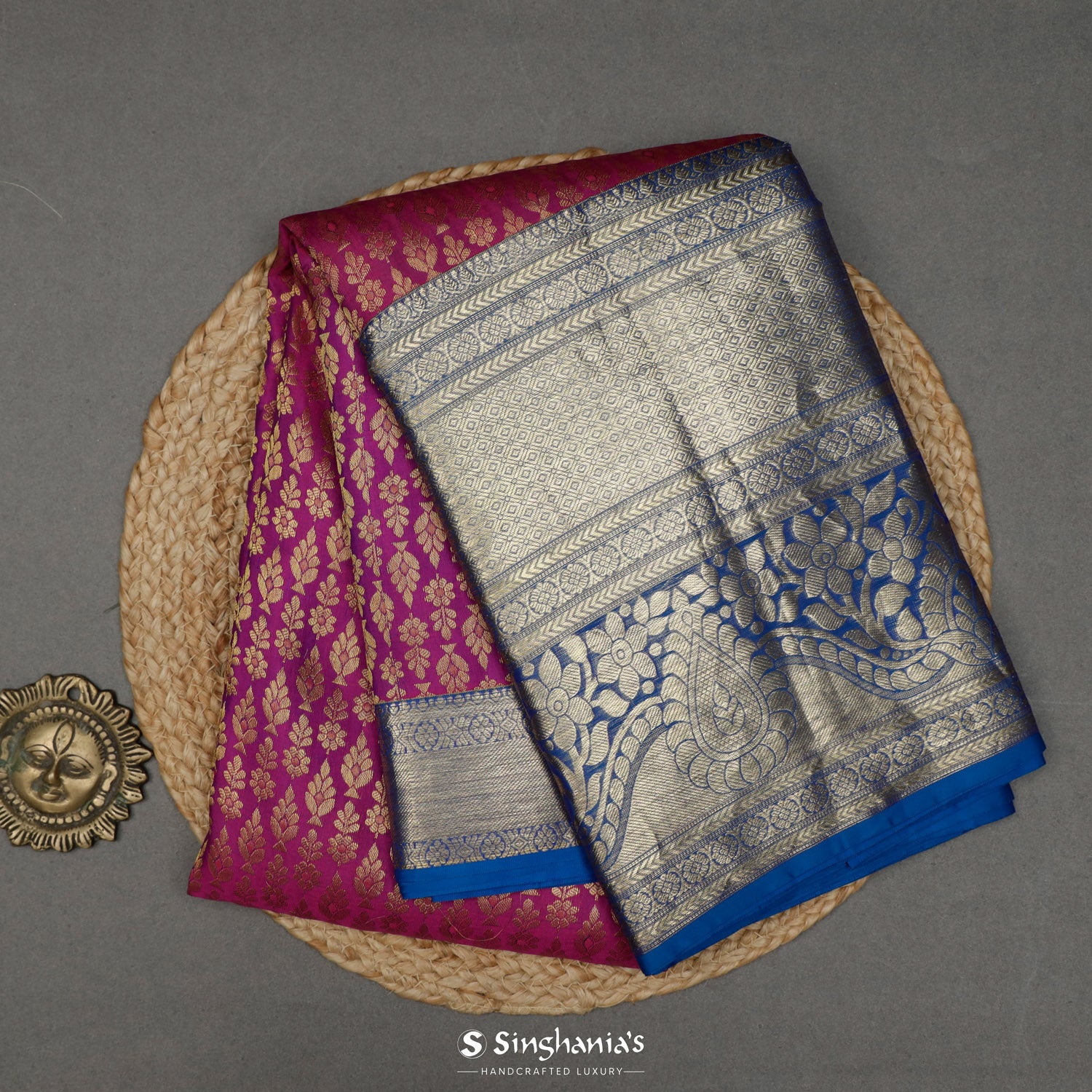 Bright Magenta Purple Kanjivaram Silk Saree With Floral Brocade Pattern