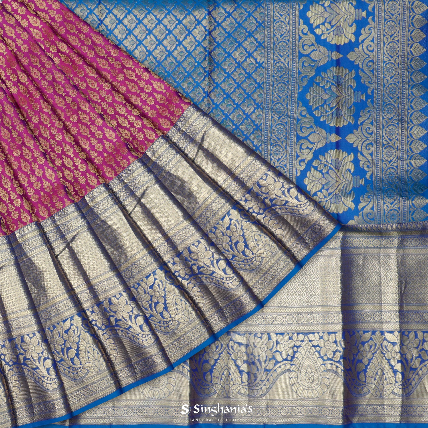 Bright Magenta Purple Kanjivaram Silk Saree With Floral Brocade Pattern