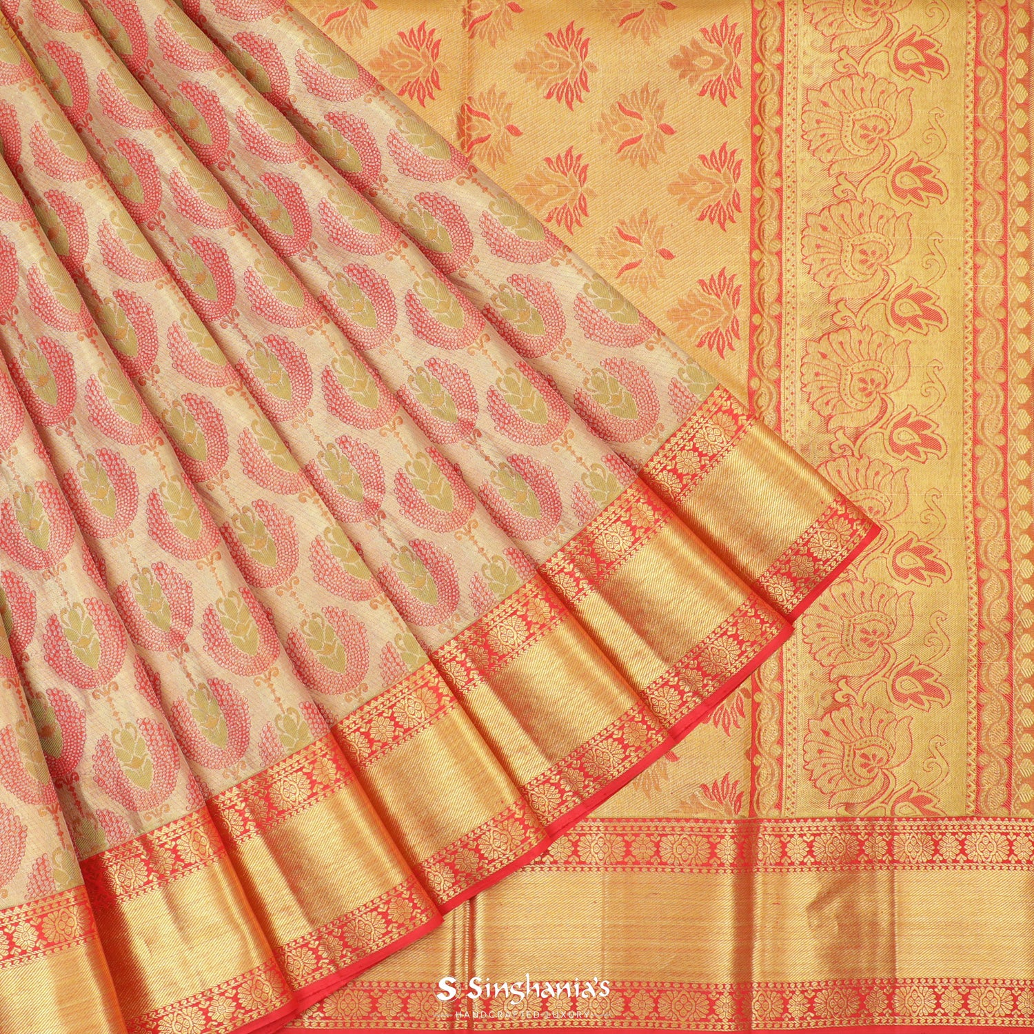 Beige Kanchi Saree With Meenakari Floral Butti Pattern