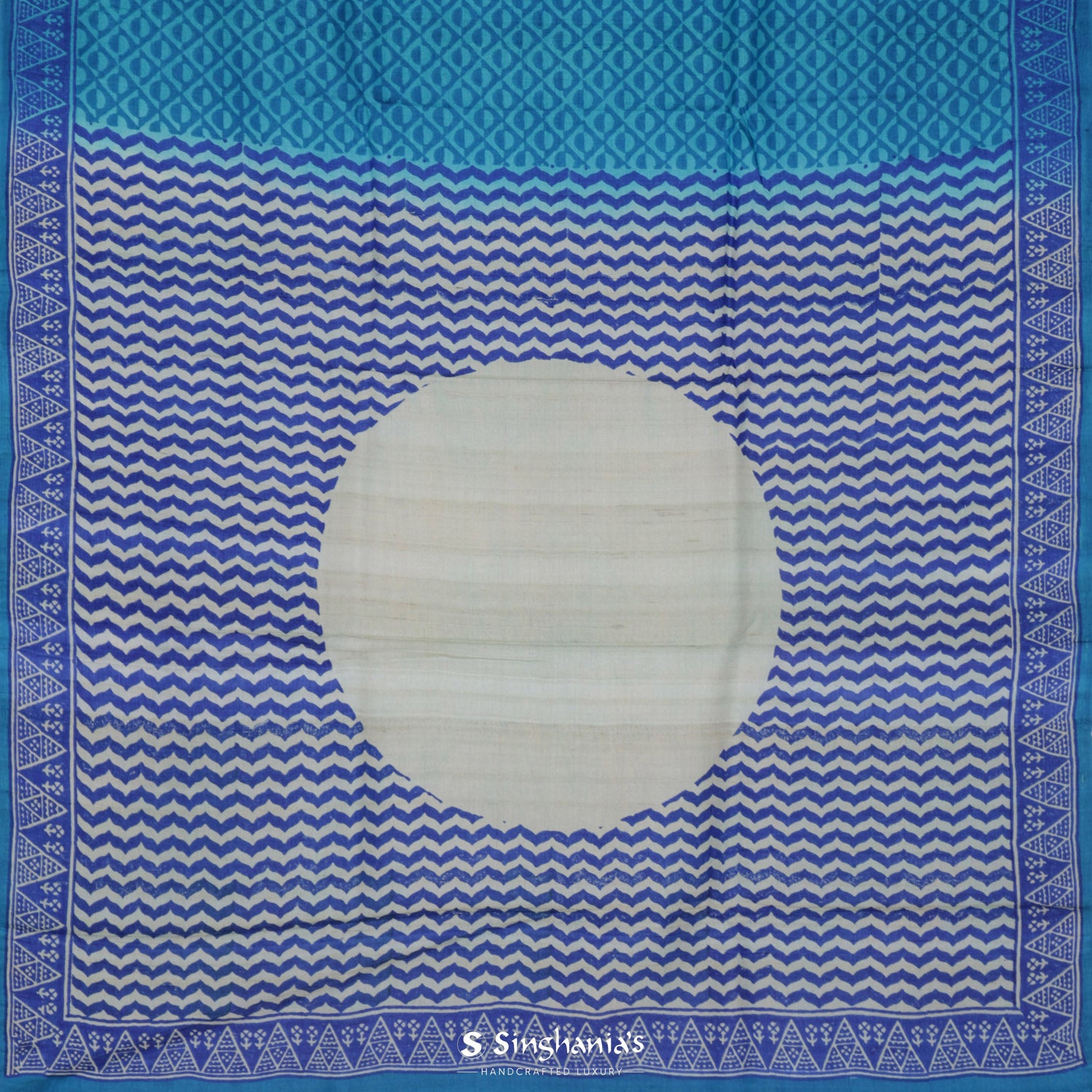 Aquamarine Blue Tussar Silk Saree With Printed Geometrical Pattern