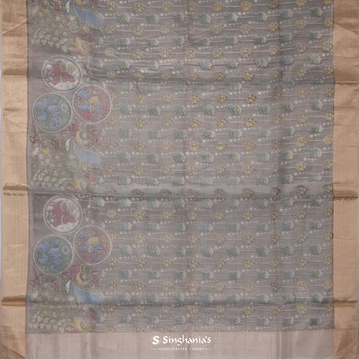 Deep Gray Printed Tissue Saree With Kalamkari Inspired Pattern