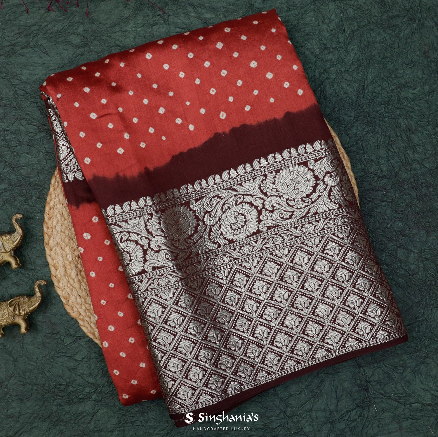 Auburn Red Printed Kanjivaram Saree With Bandhani Pattern