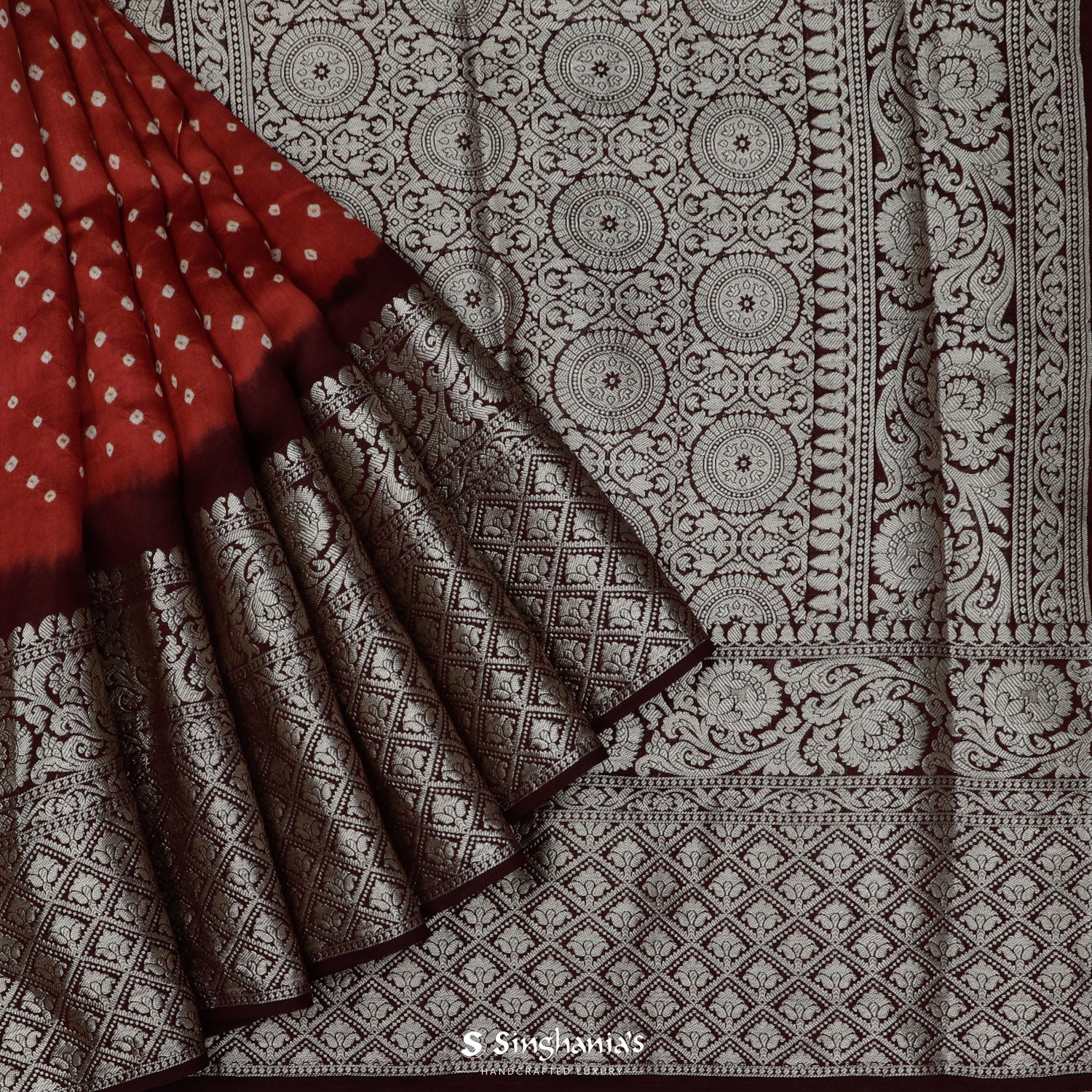 Auburn Red Printed Kanjivaram Saree With Bandhani Pattern