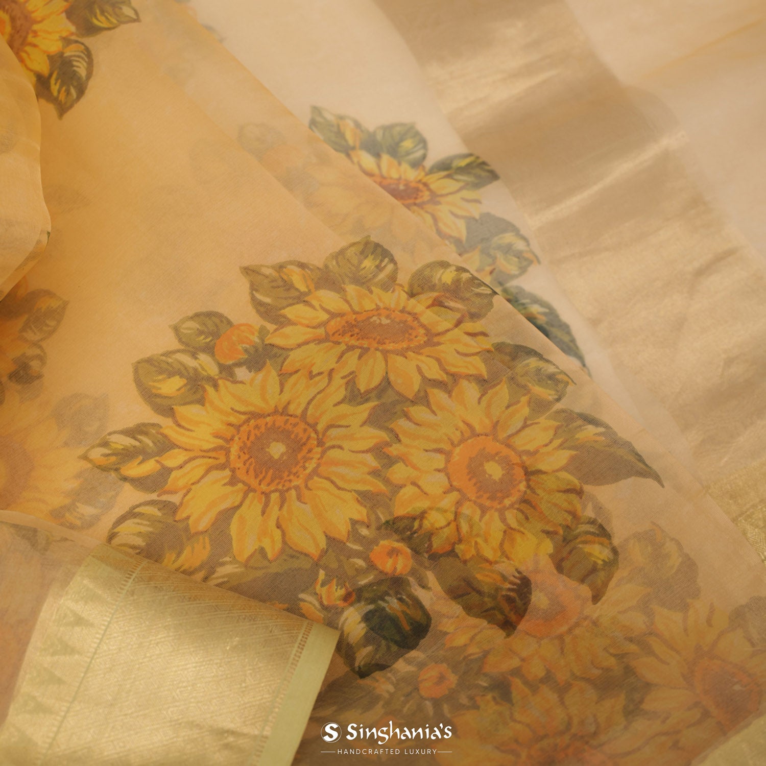 Buff Yellow Organza Saree With Printed Floral Buttas