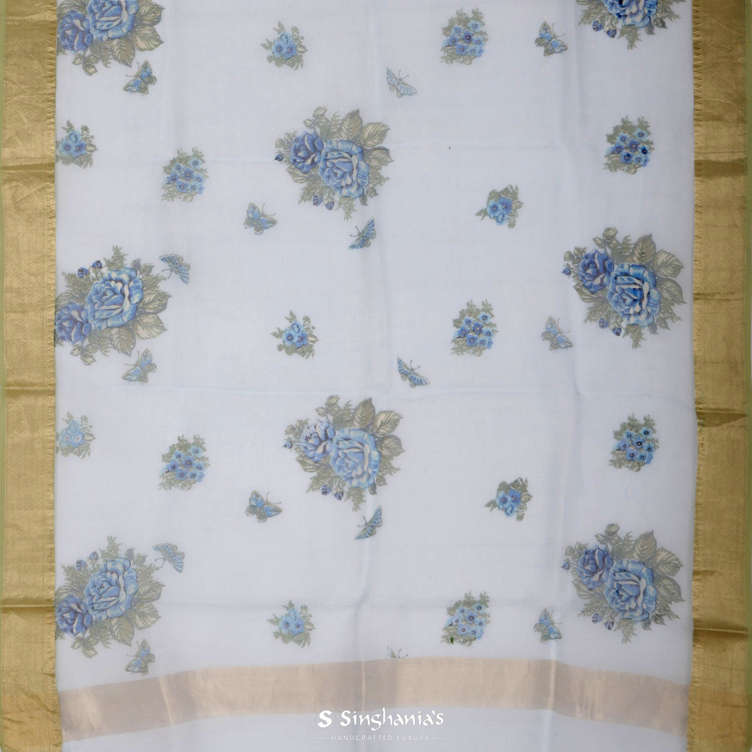Sky Blue Printed Organza Saree With Floral Buttas