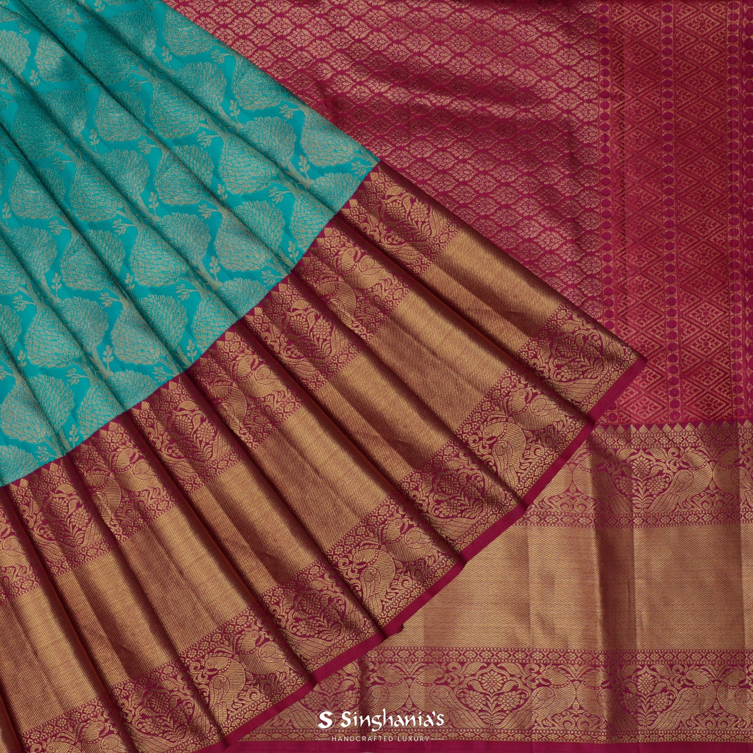 Turquoise Blue Kanjivaram Silk Saree With Floral Jaal Pattern