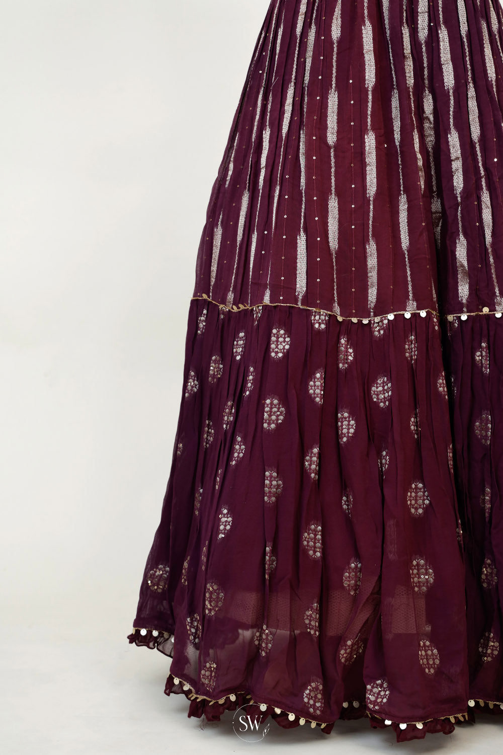 Wine Purple Silk Lehenga Set With Floral Embroidery