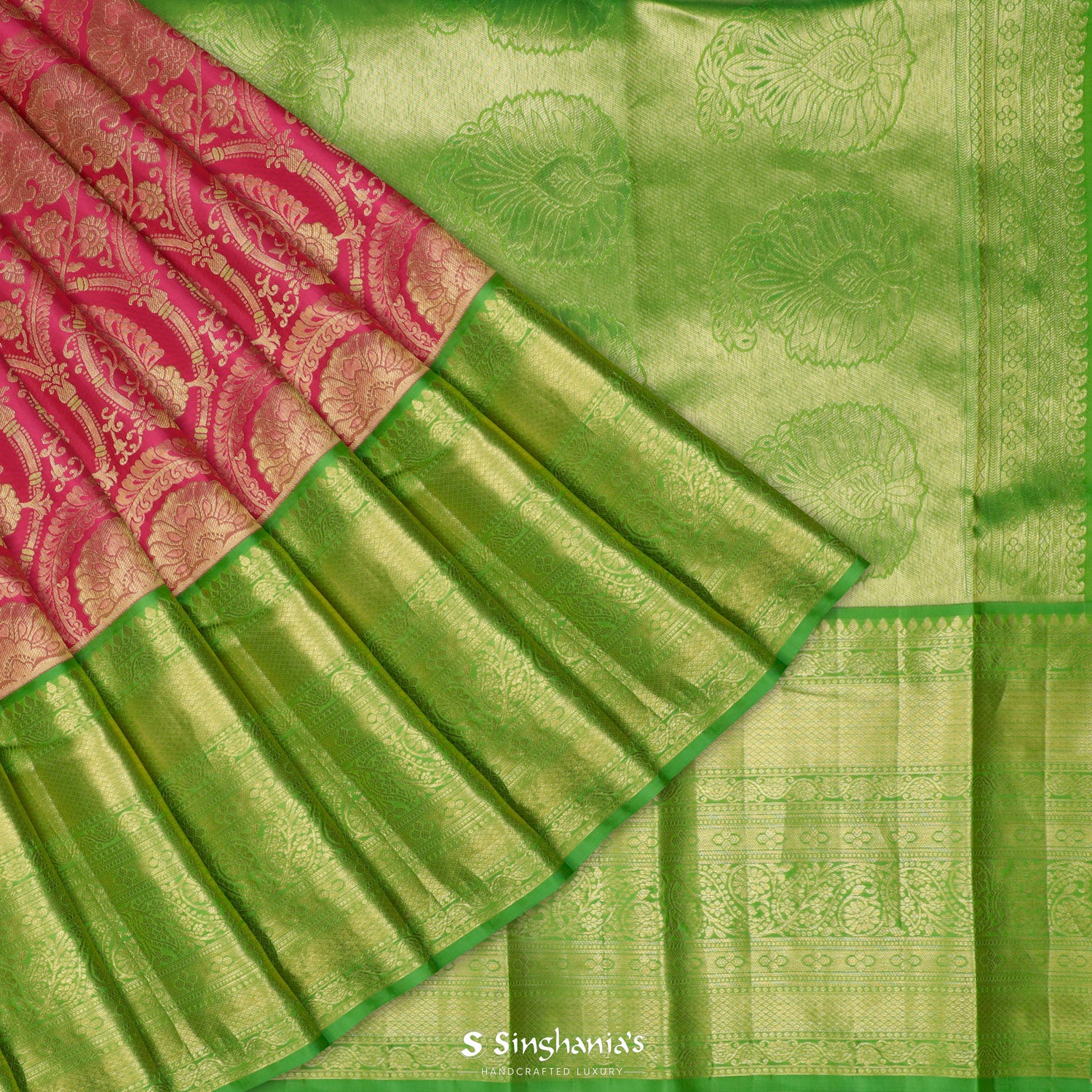 Magenta-Rich Pink Kanjivaram Silk Saree With Floral Jaal Pattern