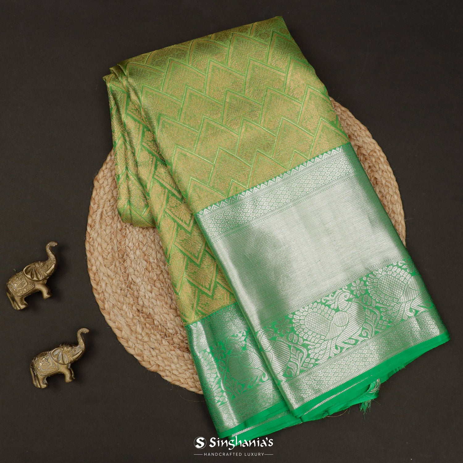 Raw Mango Green Kanchi Saree With Floral Butti In Geometrical Pattern