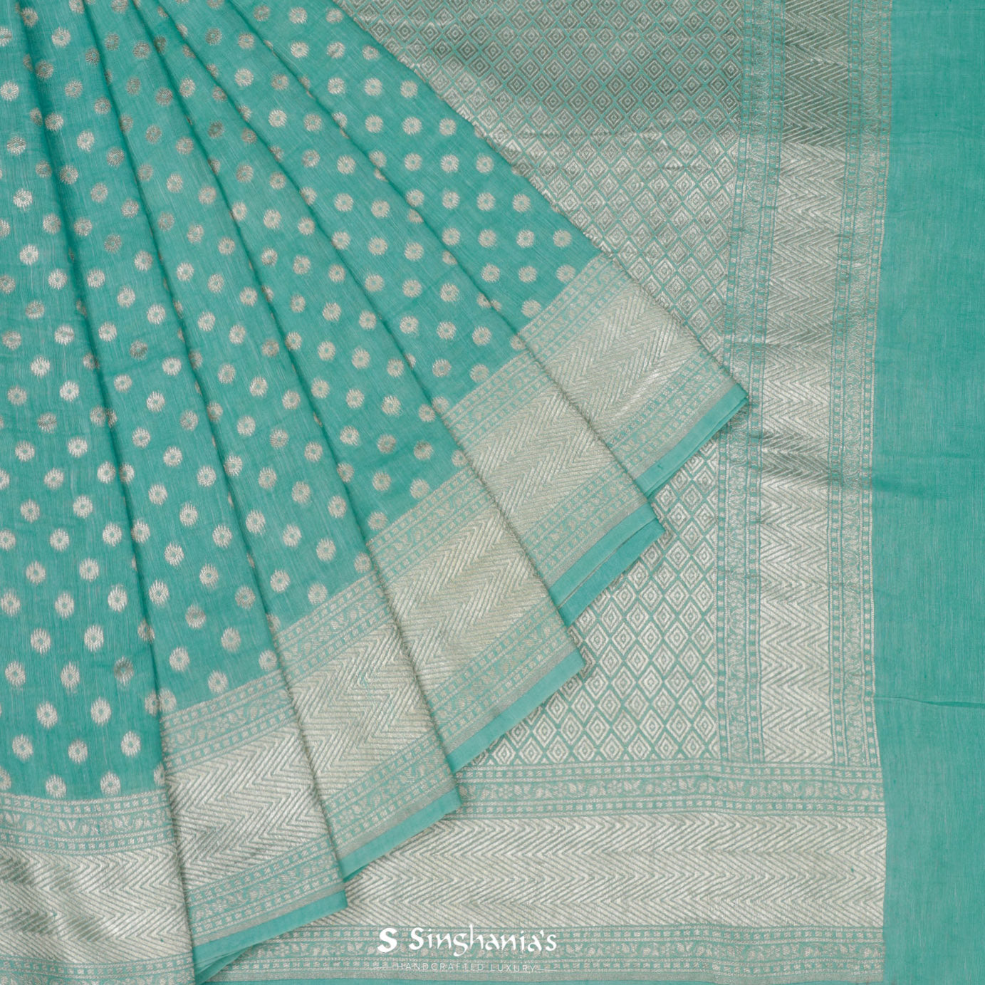 Medium Turquoise Blue Lenin Saree With Banarasi Weaving