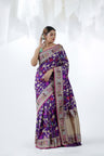 Ocean Purple Banarasi Silk Saree With Floral Bird Design