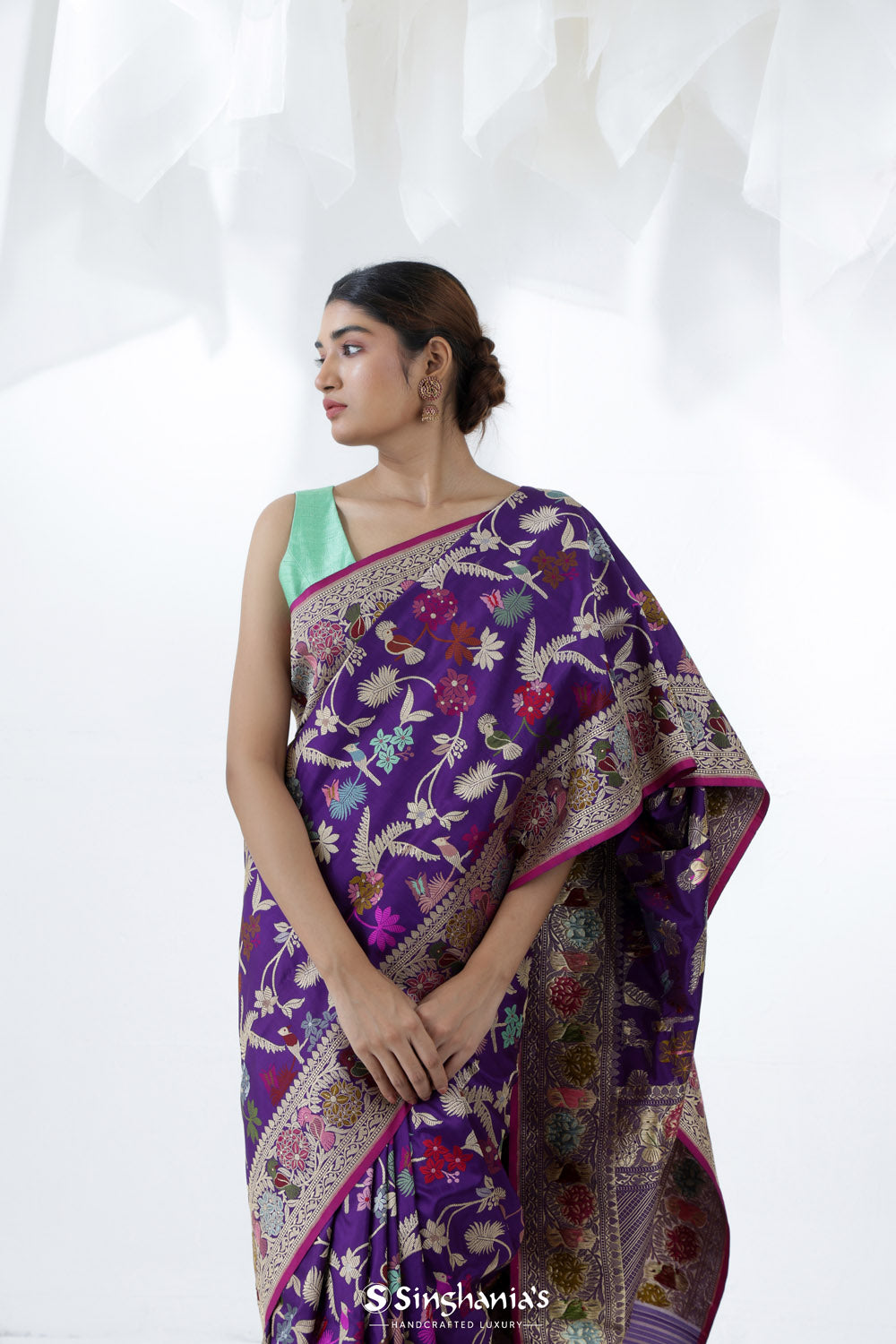Ocean Purple Banarasi Silk Saree With Floral Bird Design