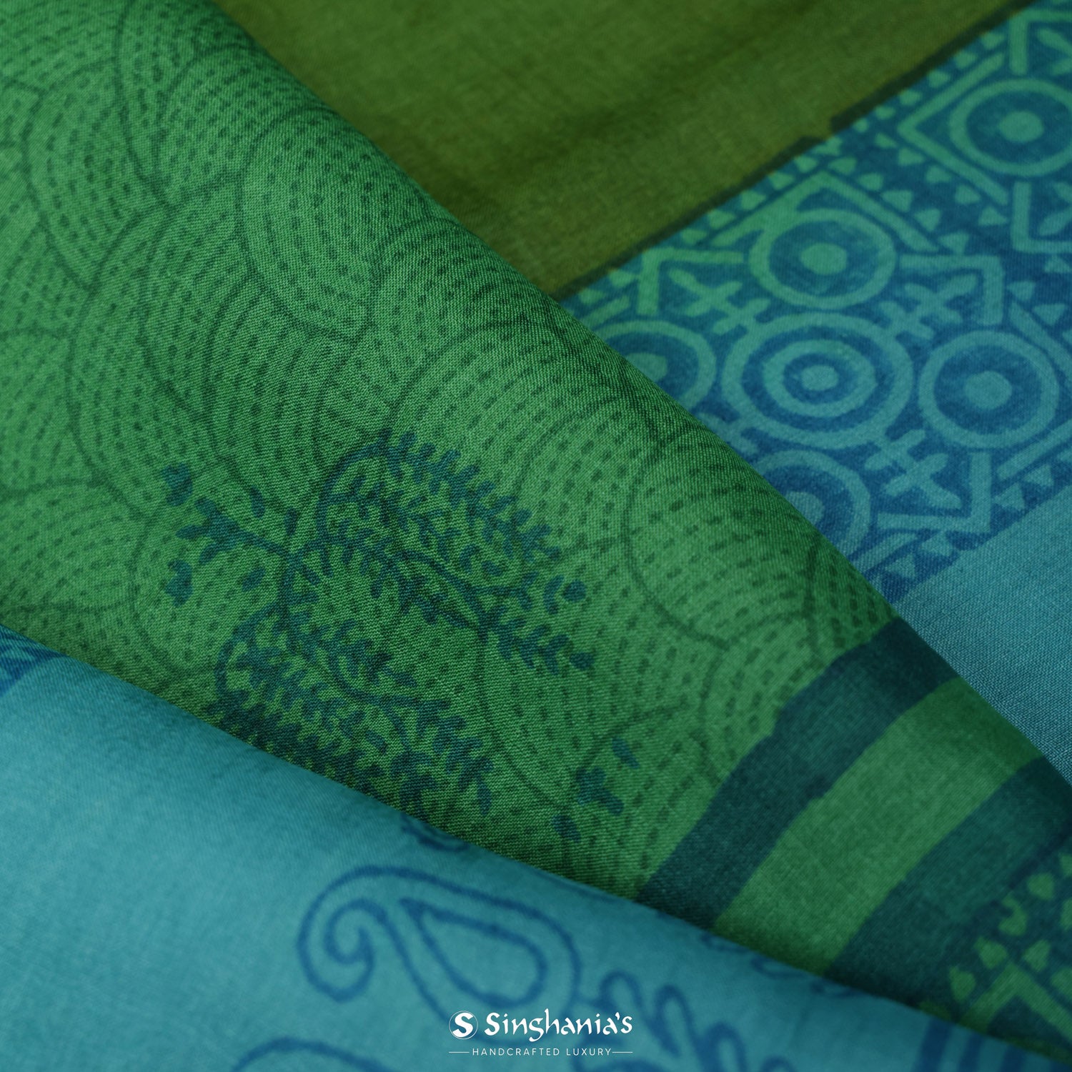 Mint Green Printed Tussar Silk Saree With Floral-Abstract Pattern