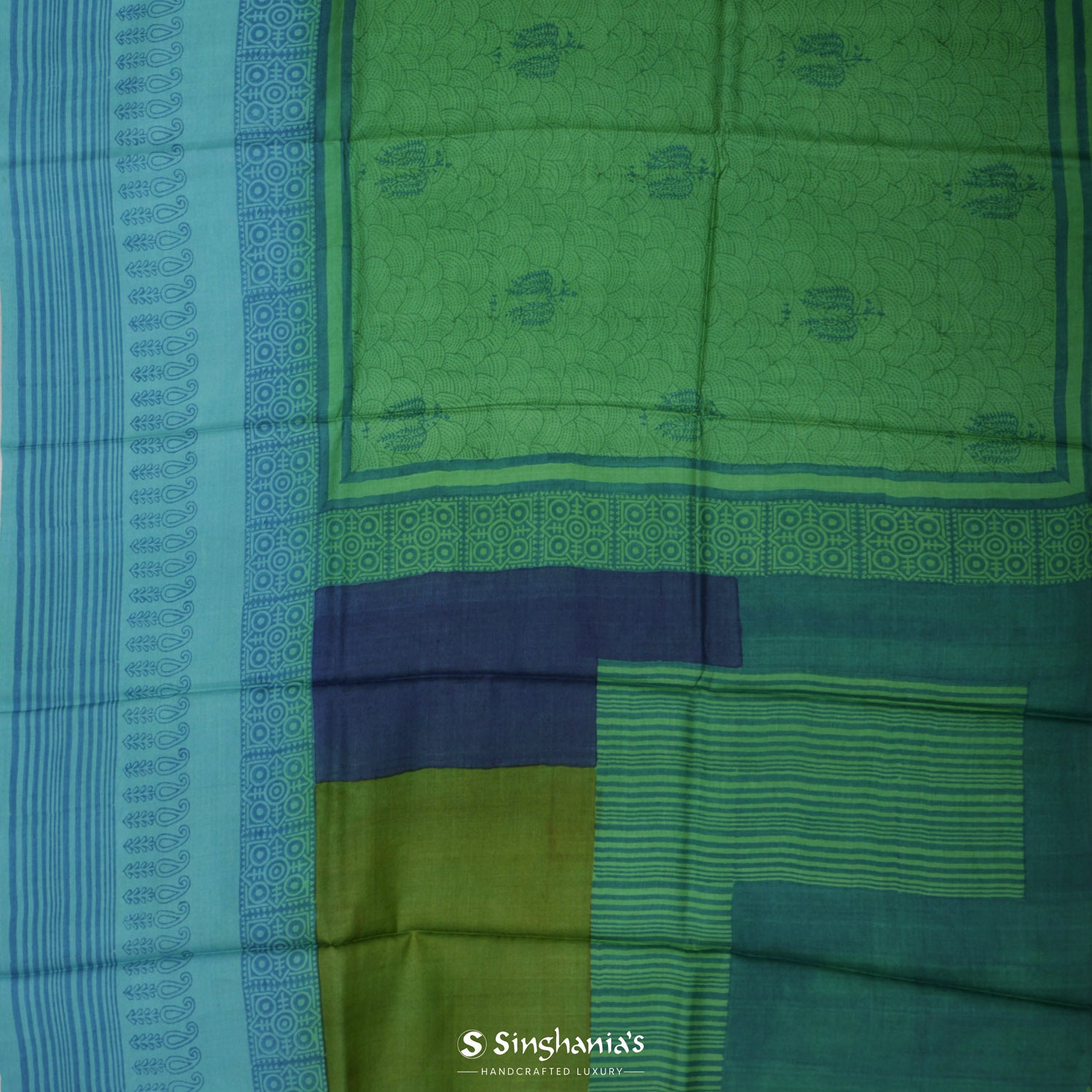 Mint Green Printed Tussar Silk Saree With Floral-Abstract Pattern