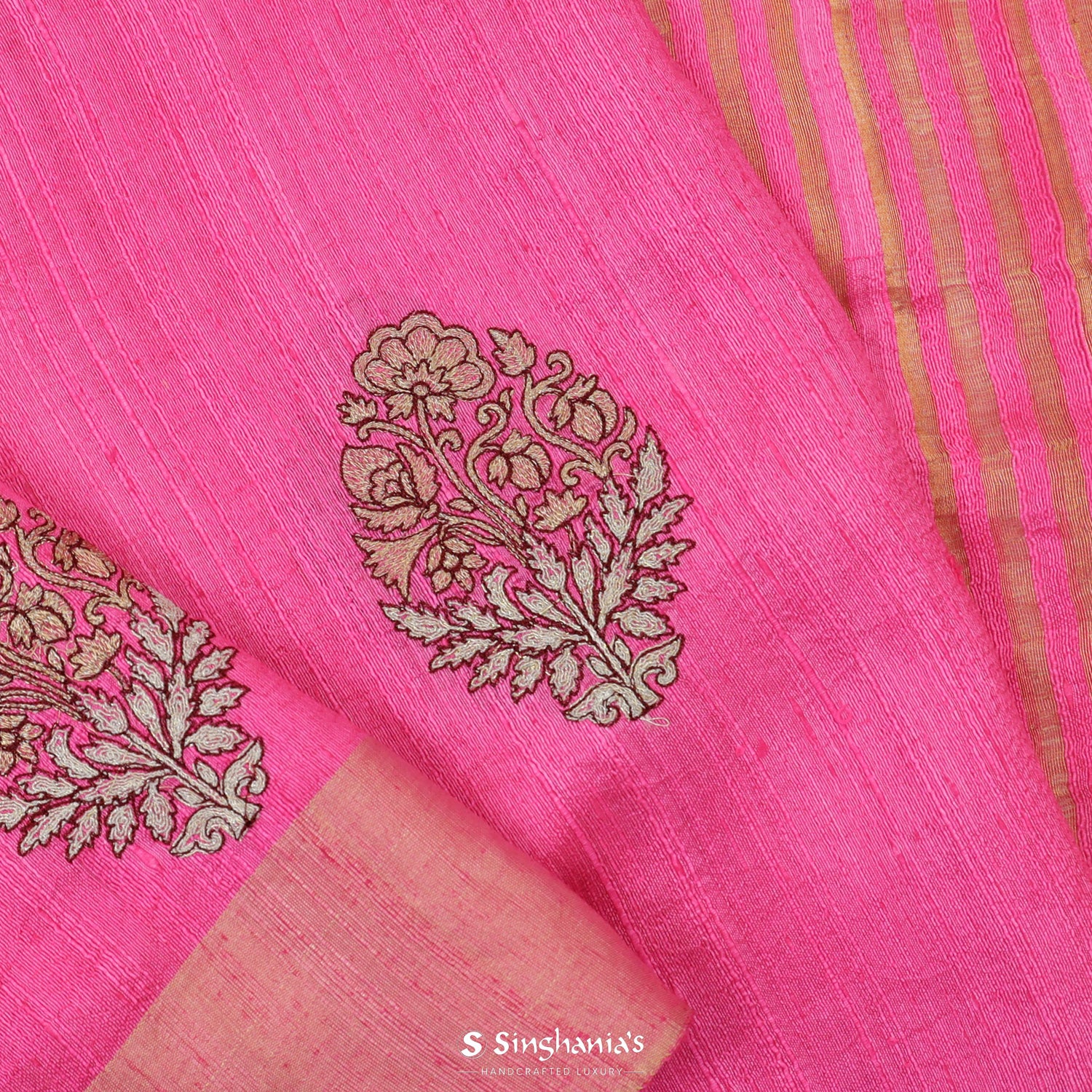 Hot Pink Dupion Saree With Thread Embroidery