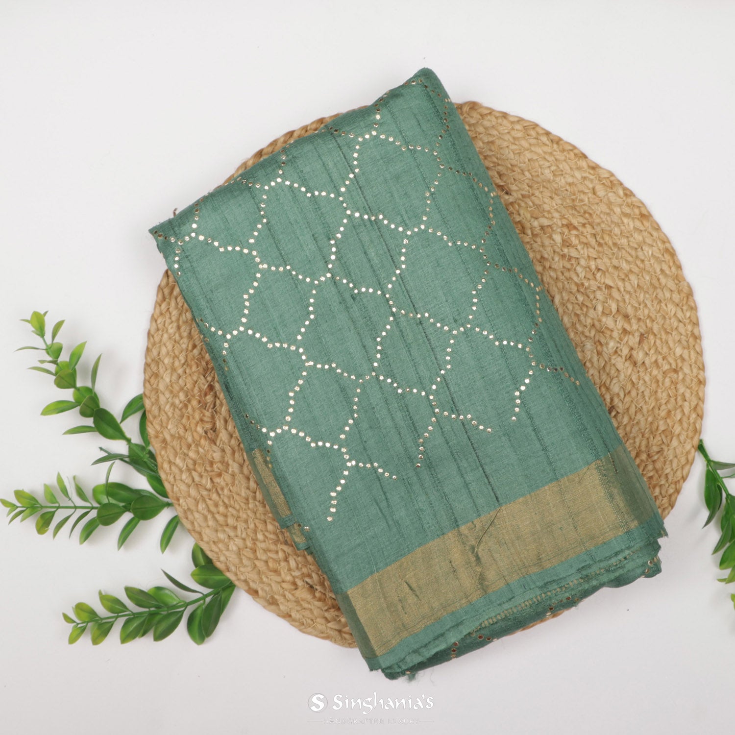 Dark Sea Green Tussar Saree With Mukaish Work