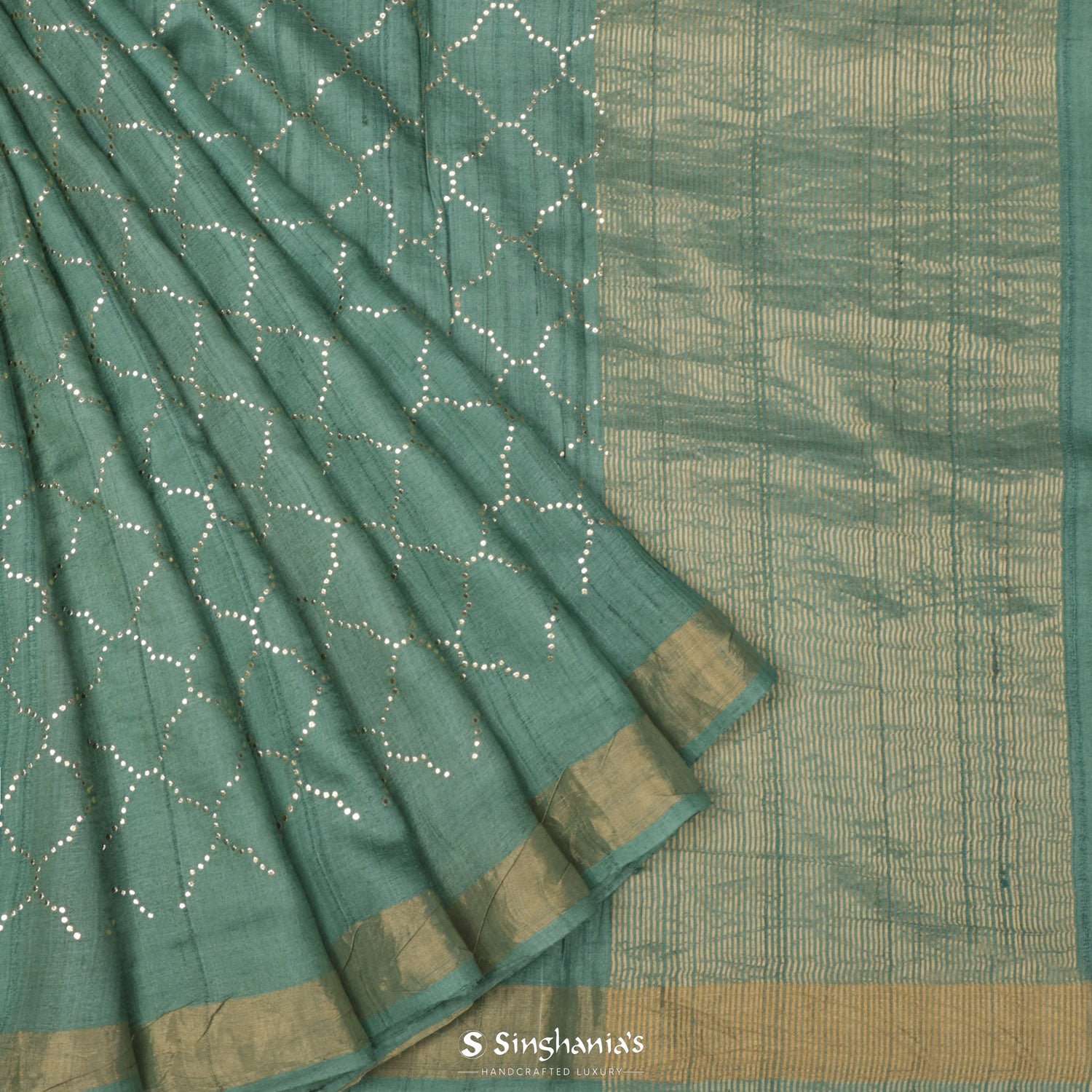 Dark Sea Green Tussar Saree With Mukaish Work