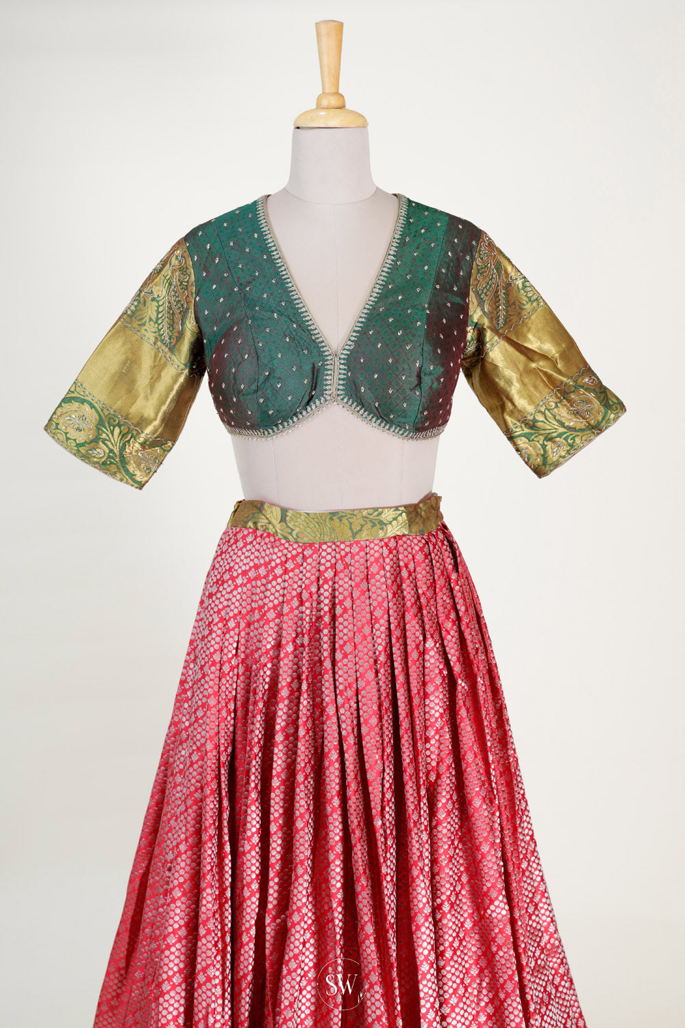 Desire Red-Green Silk Lehenga Set With Zari Weaving