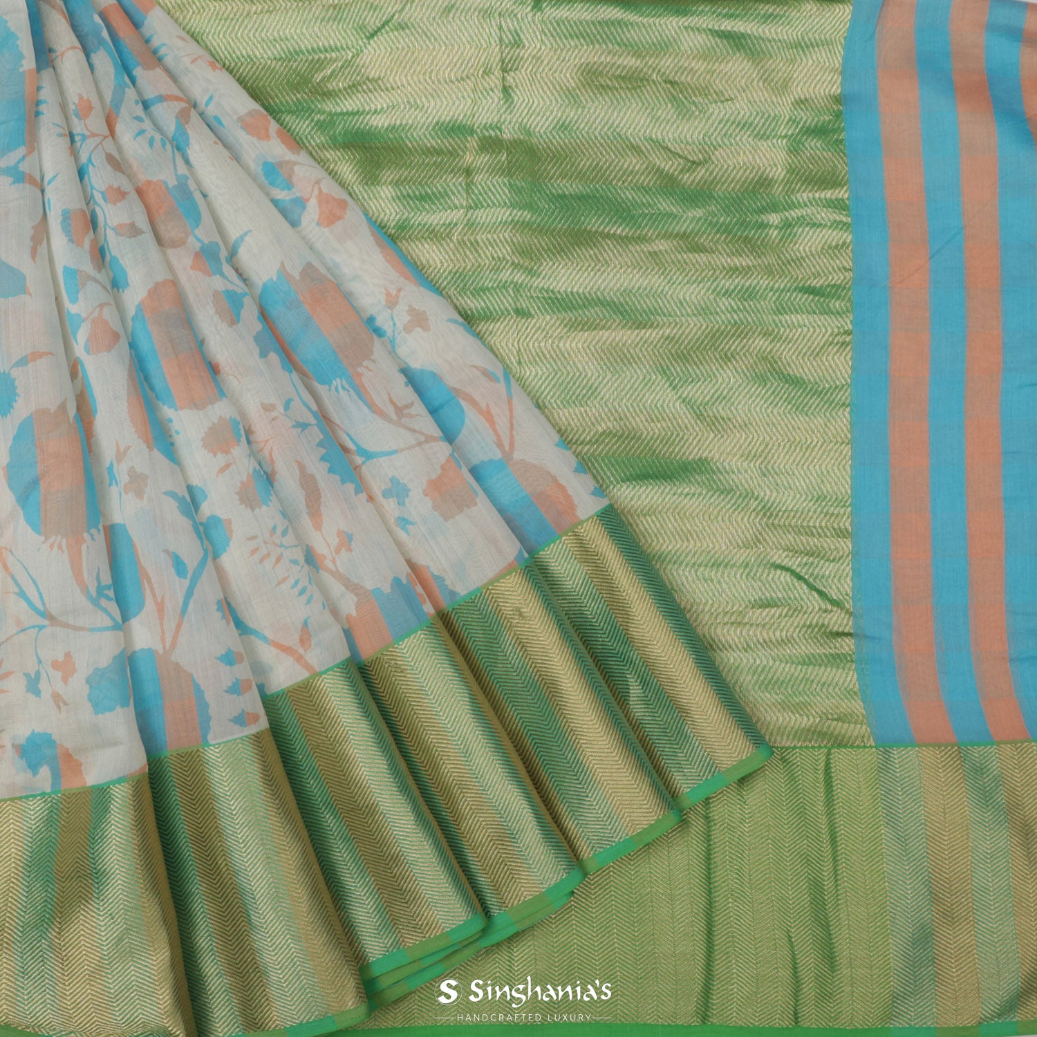 Snow White Printed Chanderi Silk Saree With Flora-Fauna Pattern