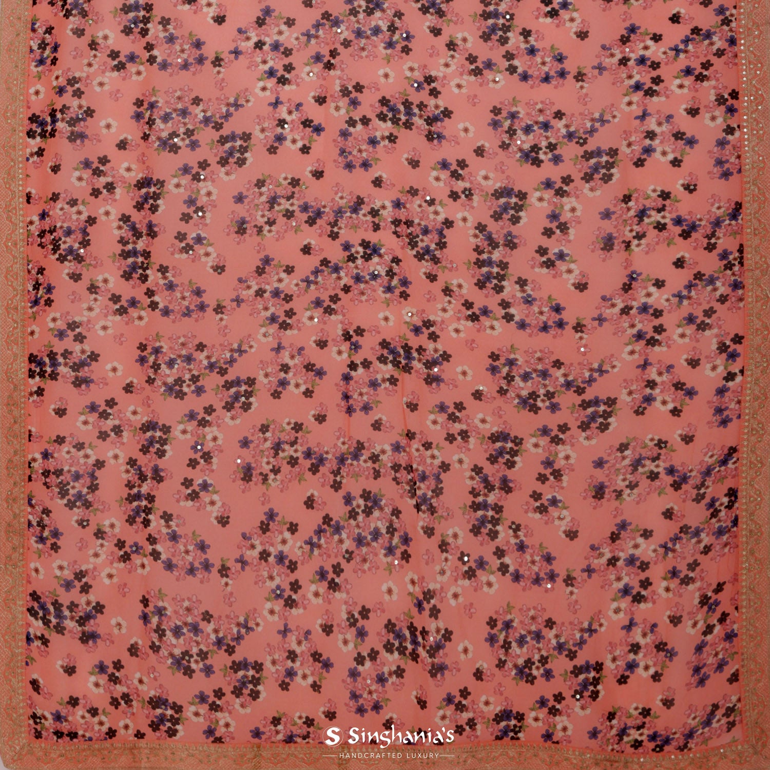 Salmon Orange Printed Organza Saree With Floral Pattern