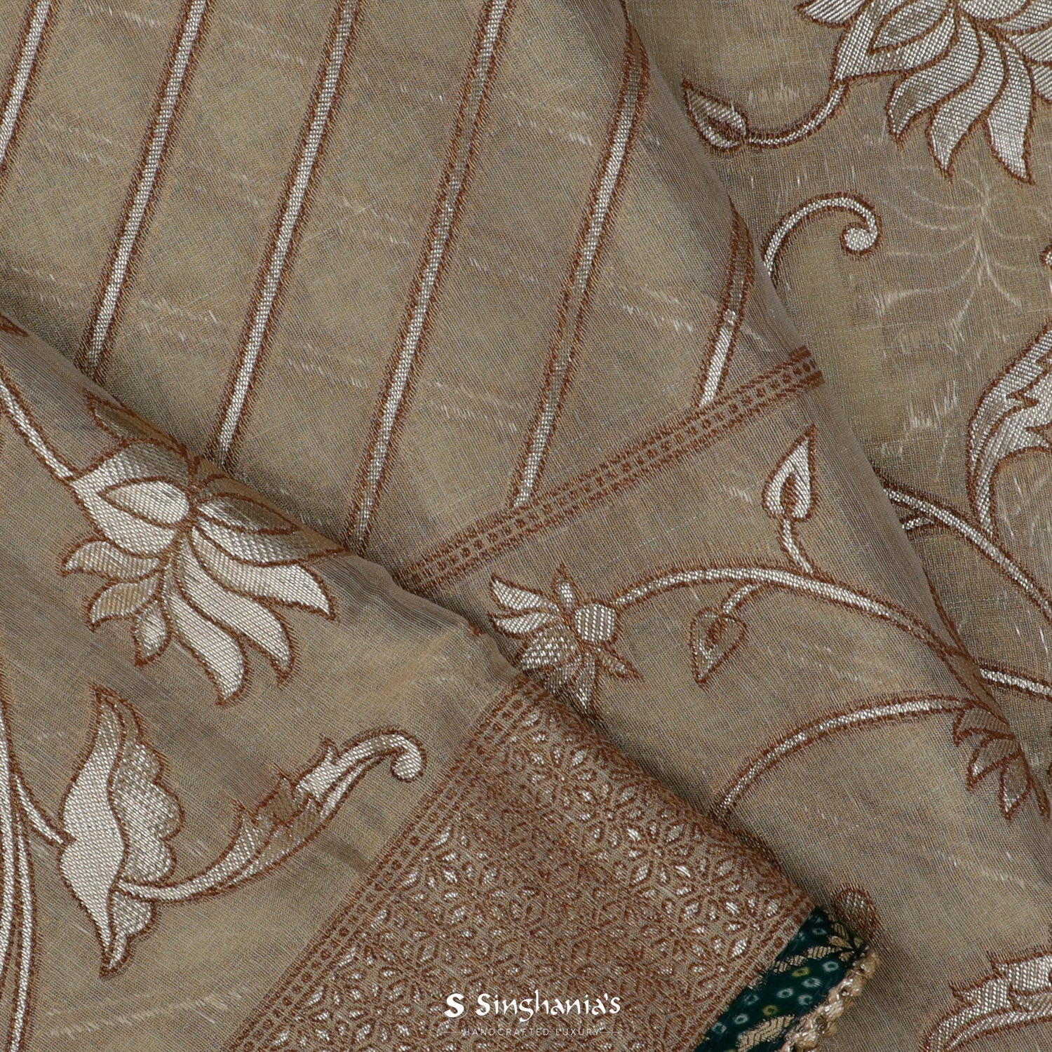 Natural Cream Tissue Saree With Silver Zari In Stripes Pattern