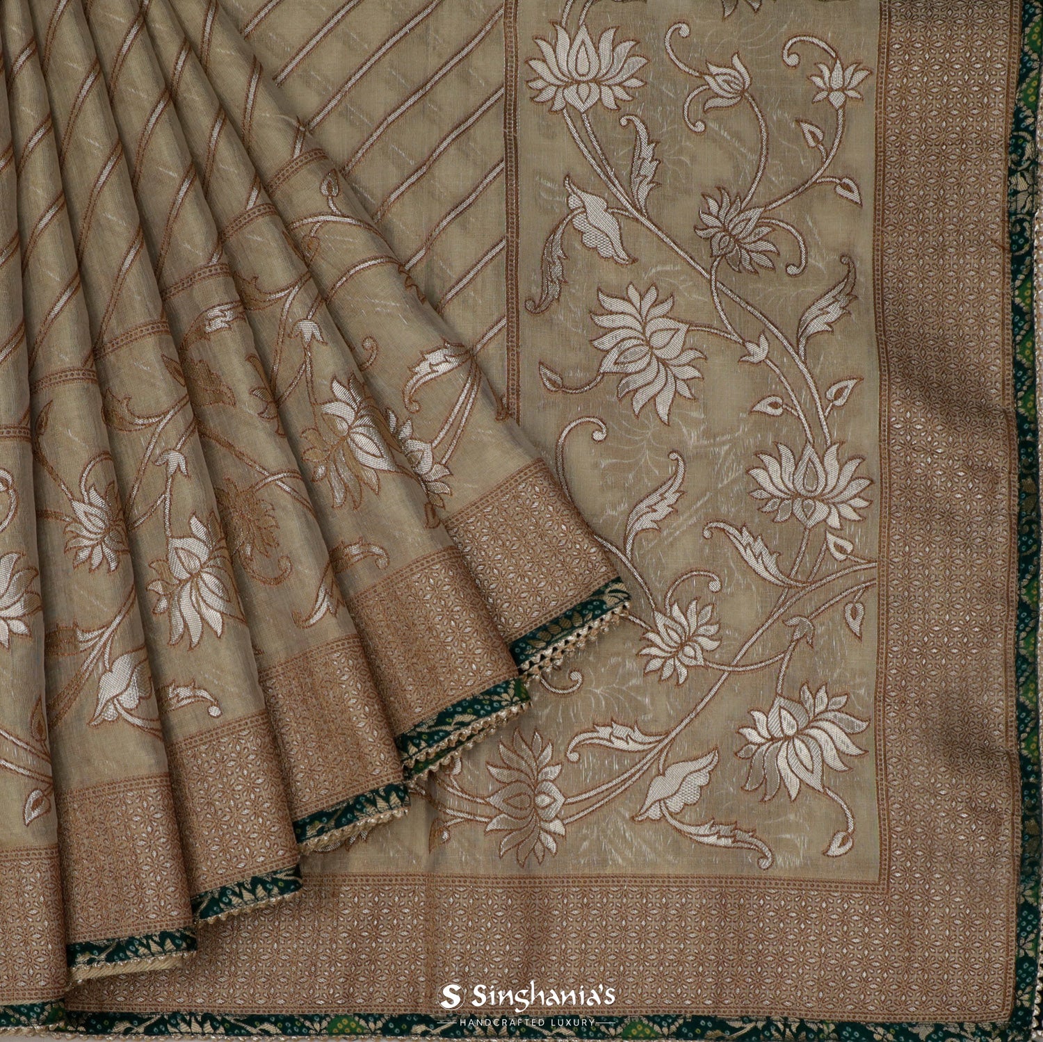 Natural Cream Tissue Saree With Silver Zari In Stripes Pattern