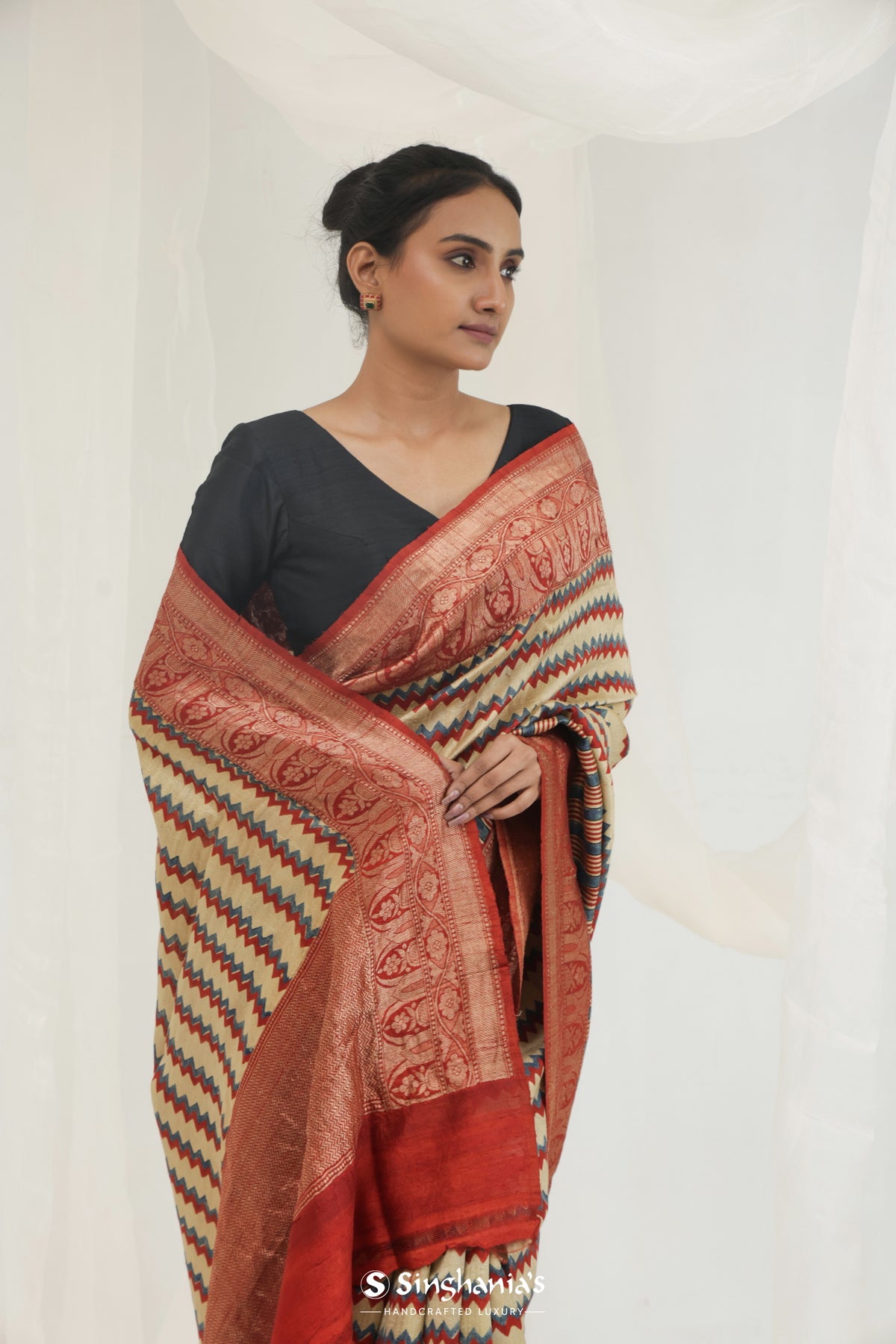 Beige Yellow Printed Ajrakh Silk Saree With Chevron Pattern