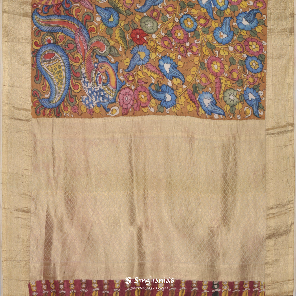 Trombone Yellow Kanchi Saree With Kalamkari Print