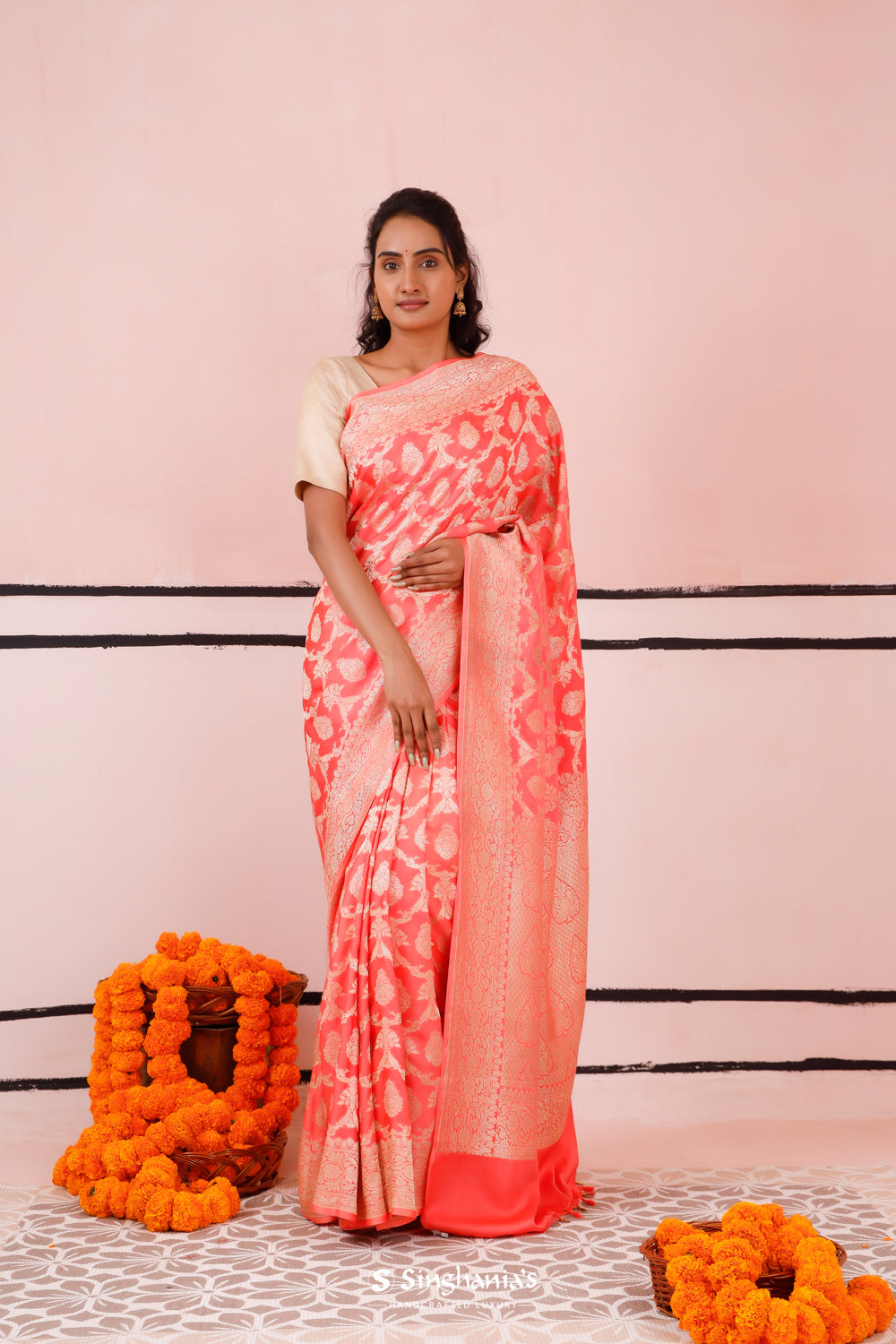 Coral Peach Banarasi Satin Saree With Floral Weaving