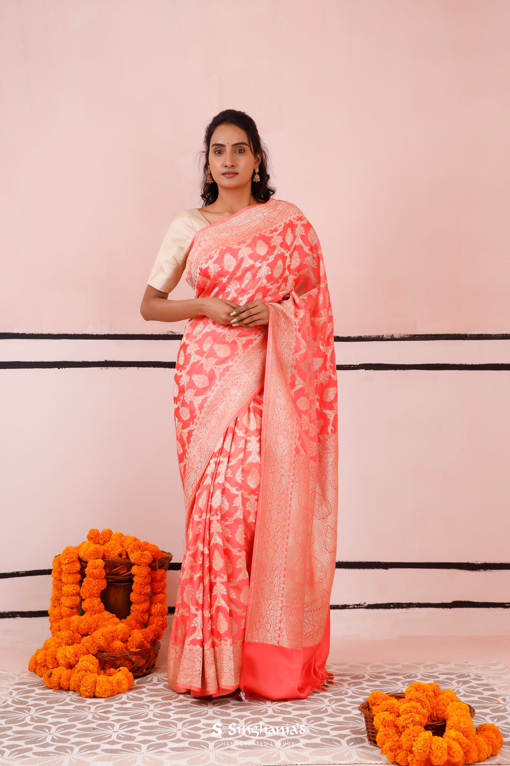 Coral Peach Banarasi Satin Saree With Floral Weaving