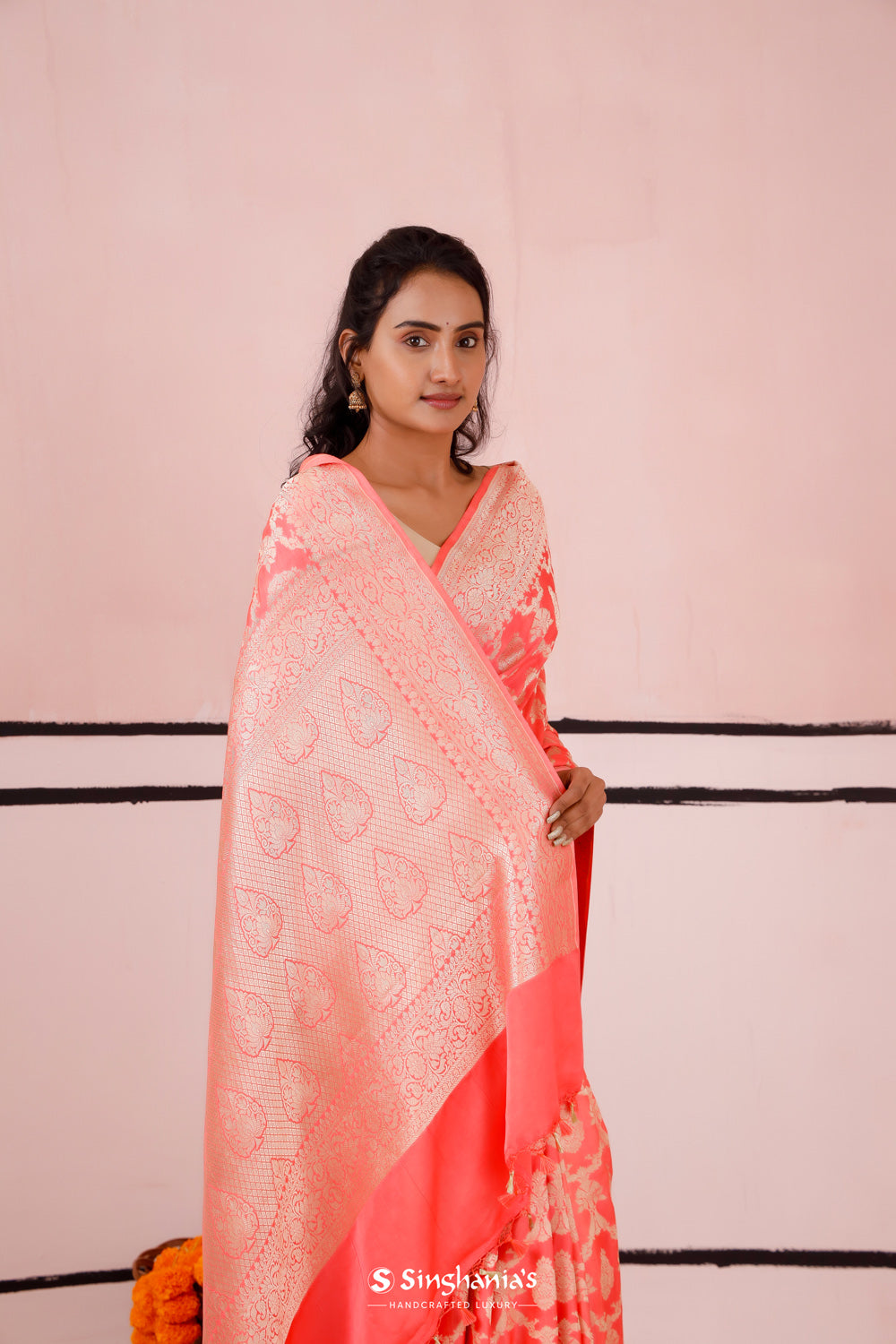 Coral Peach Banarasi Satin Saree With Floral Weaving