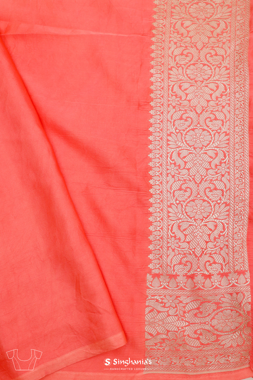 Coral Peach Banarasi Satin Saree With Floral Weaving