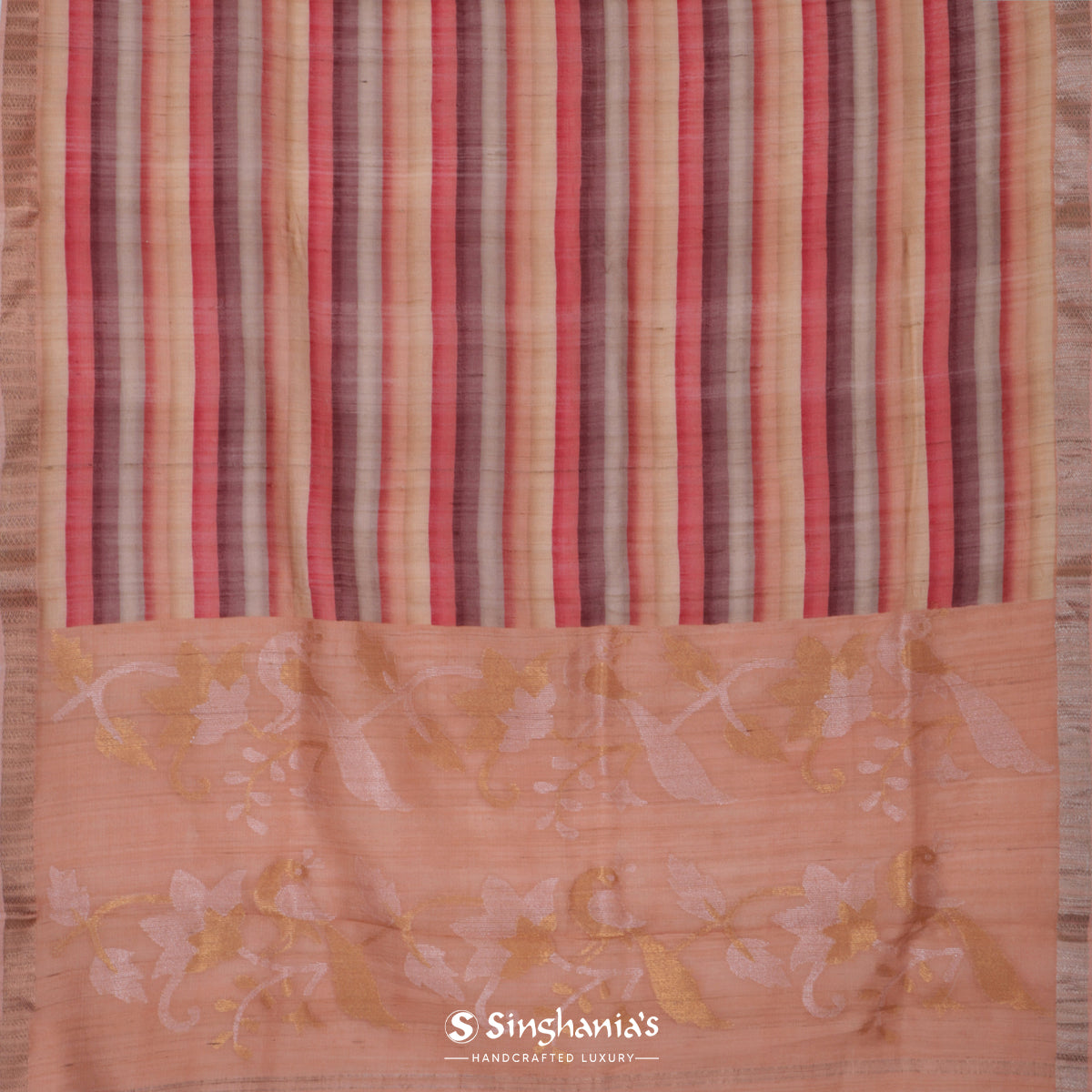 Apricot Orange Tussar Silk Saree With Printed Stripes Pattern