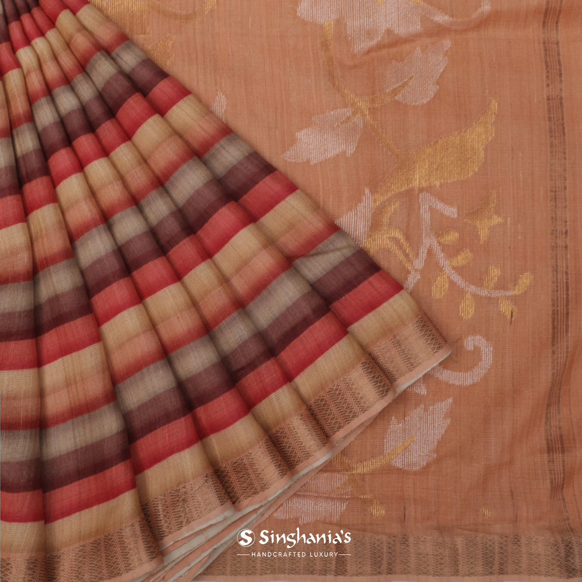 Apricot Orange Tussar Silk Saree With Printed Stripes Pattern