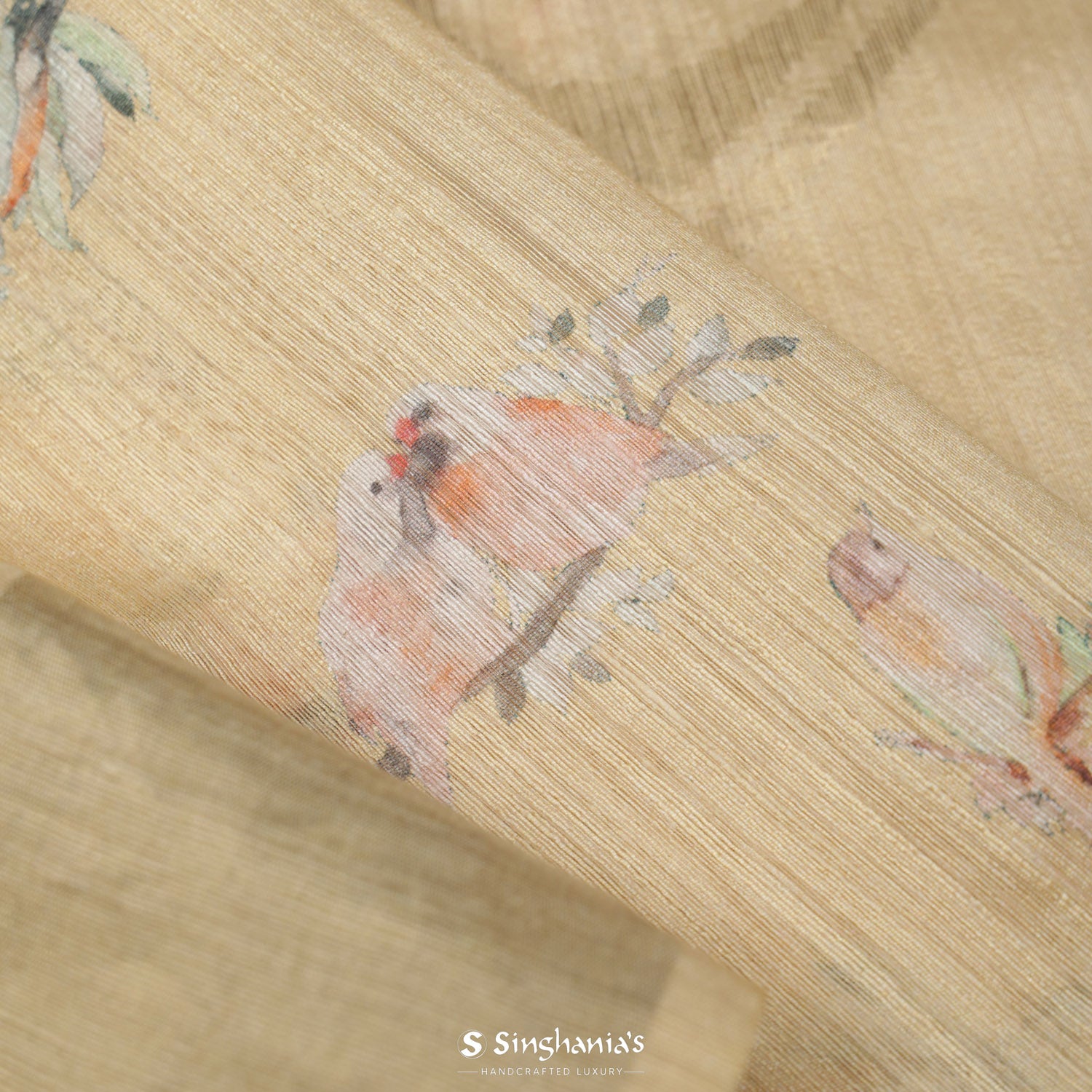 Moccasin Yellow Printed Matka Silk Saree With Birds Pattern