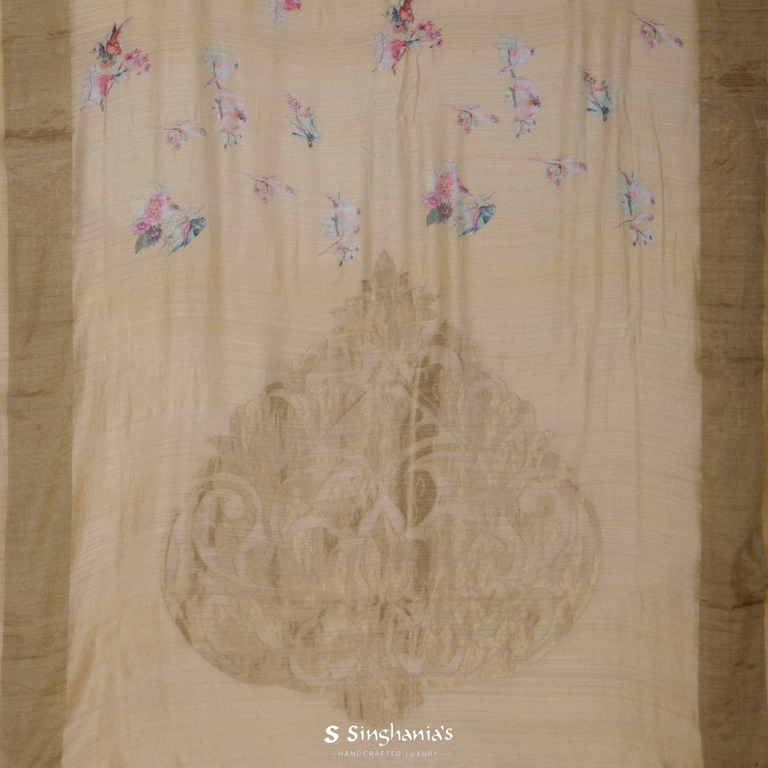 Moccasin Yellow Printed Matka Silk Saree With Birds Pattern