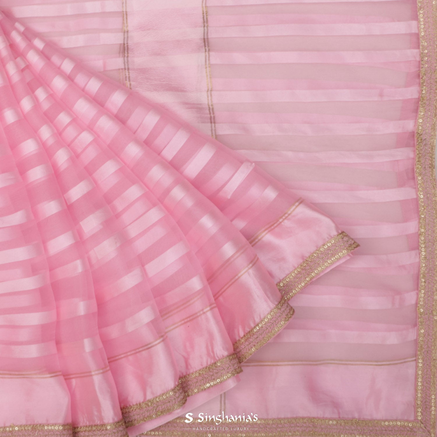 Light Hot Pink Organza Saree With Stripes