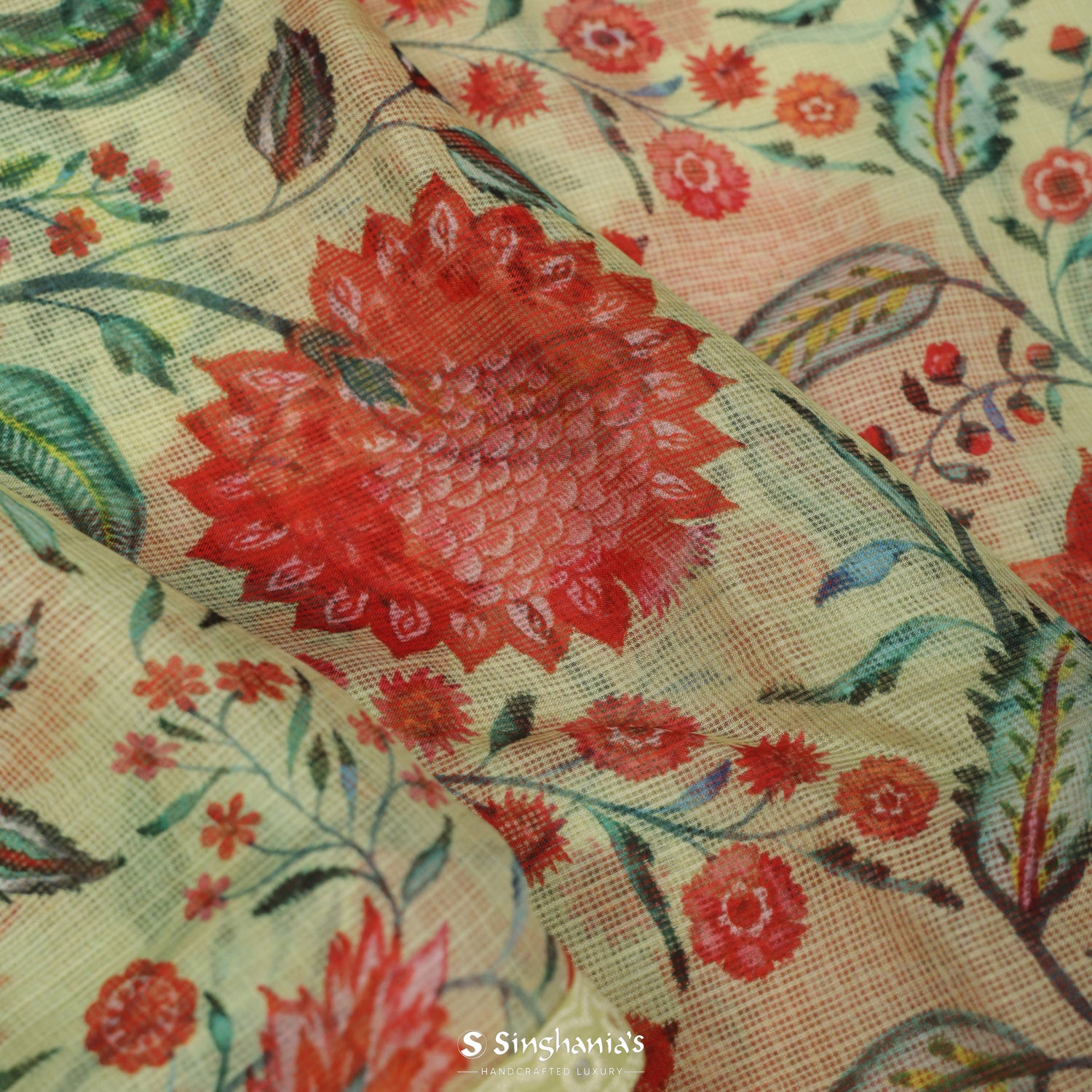 Light Yellow Printed Kota Silk Saree With Floral Pattern