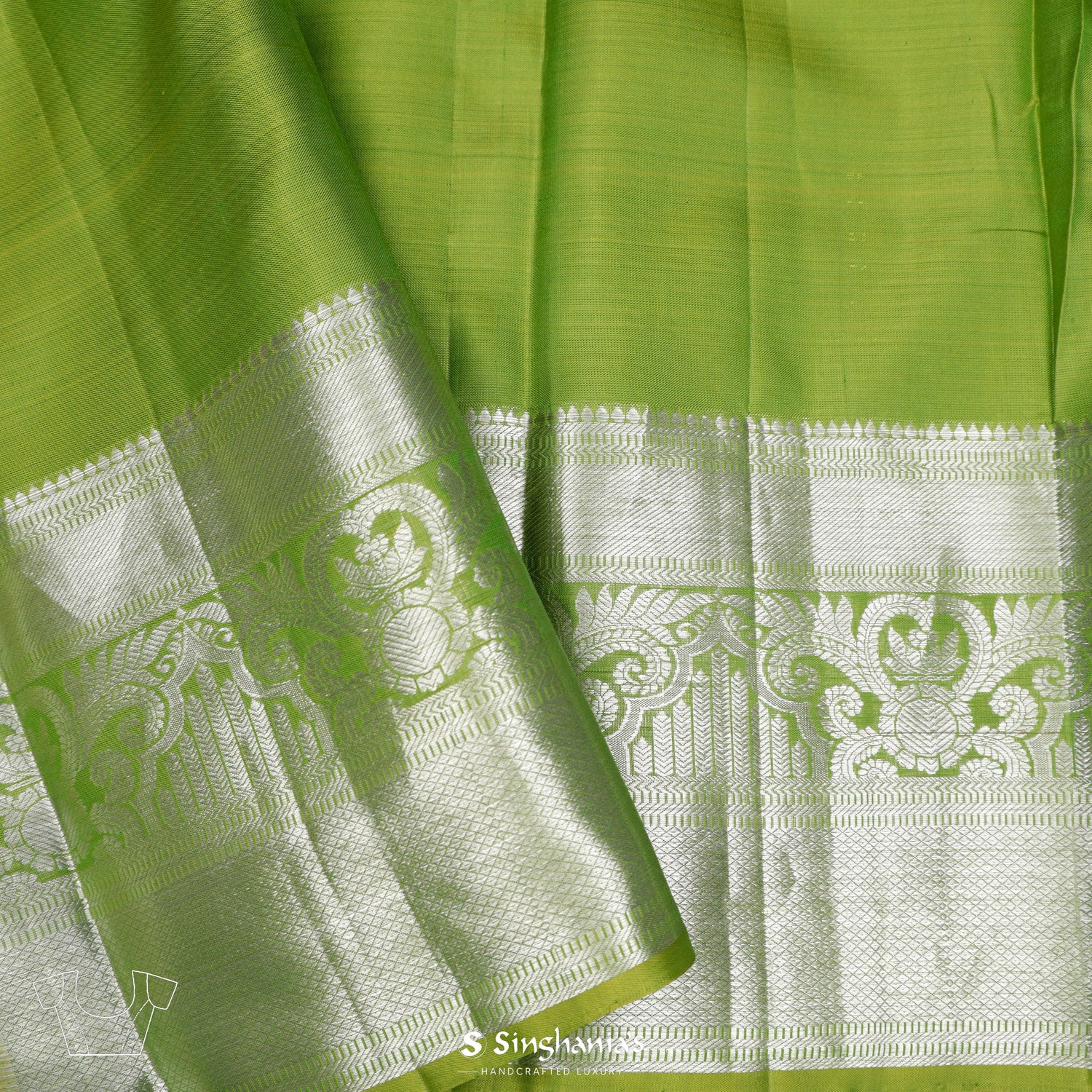 Greenish-Yellow Kanjivaram Silk Saree With Floral Pattern