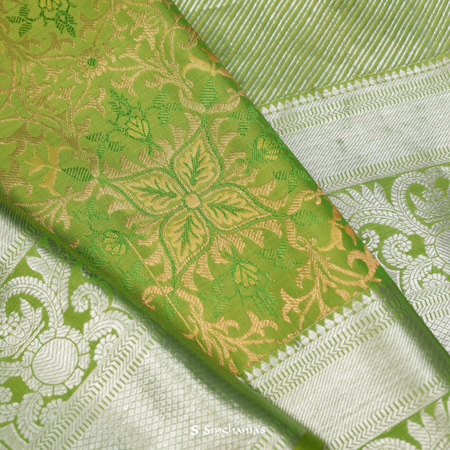 Greenish-Yellow Kanjivaram Silk Saree With Floral Pattern