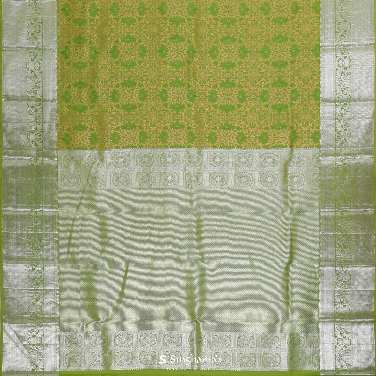 Greenish-Yellow Kanjivaram Silk Saree With Floral Pattern