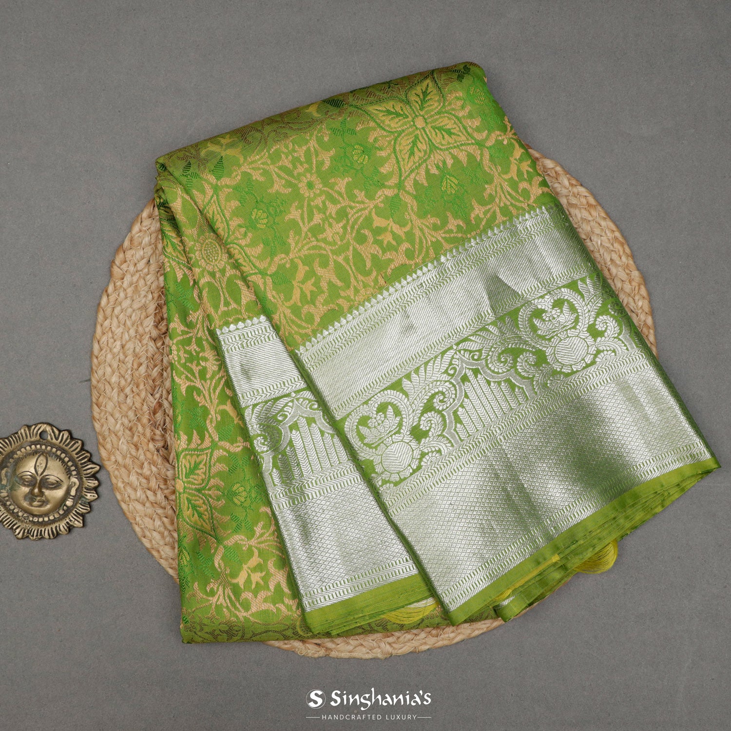 Greenish-Yellow Kanjivaram Silk Saree With Floral Pattern