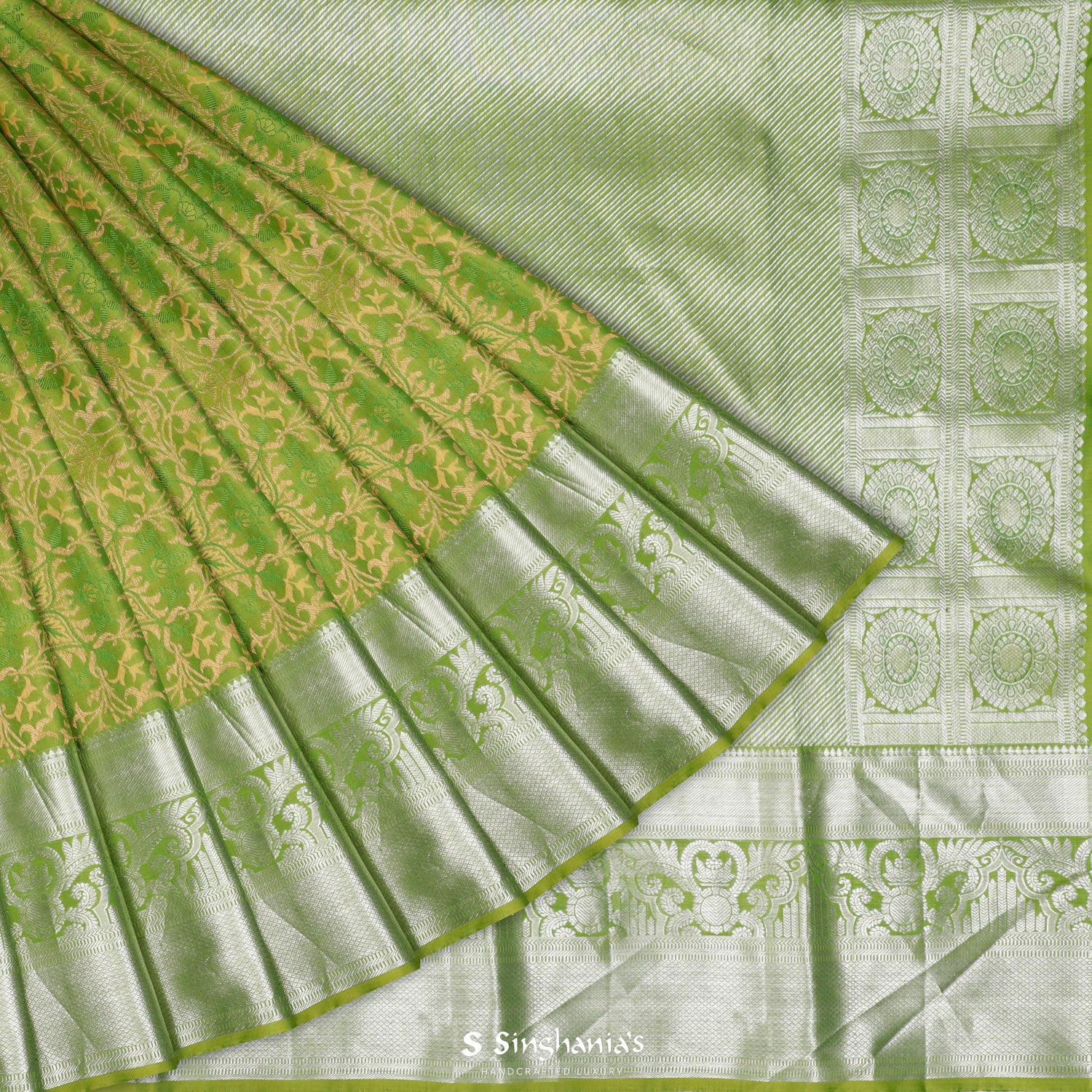 Greenish-Yellow Kanjivaram Silk Saree With Floral Pattern