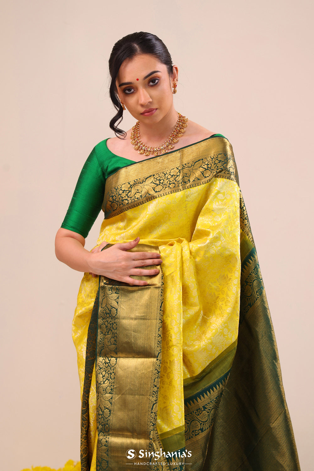 Lemon Yellow Heritage Kanjivaram Silk Saree