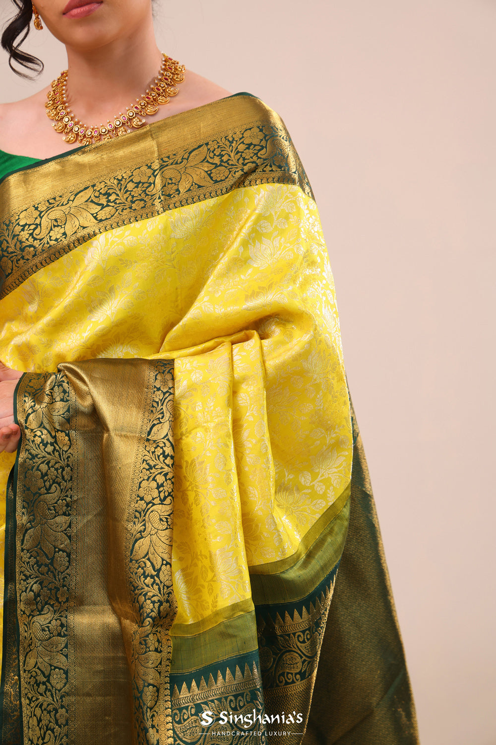 Lemon Yellow Heritage Kanjivaram Silk Saree