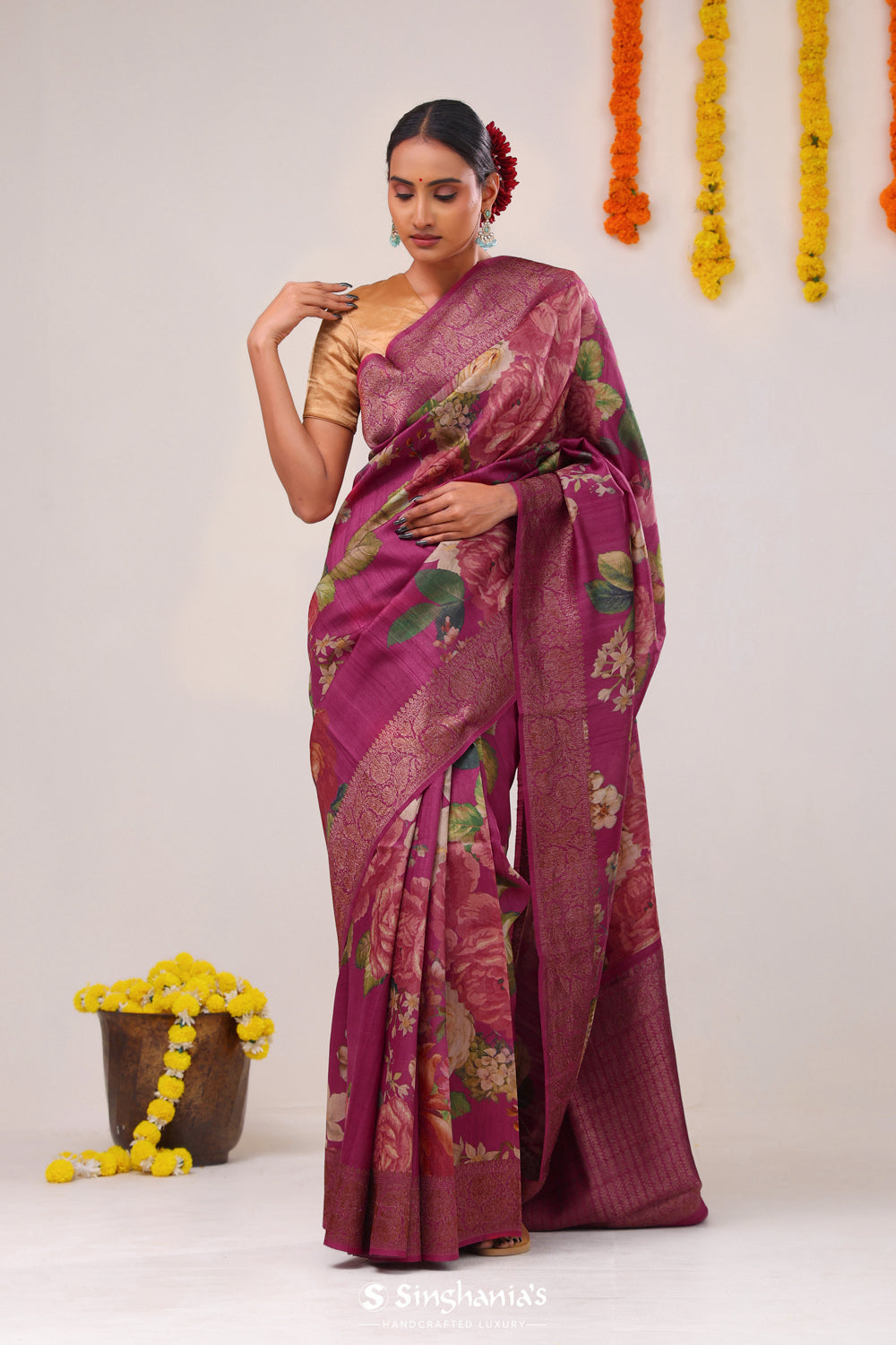 Wine Purple Printed Tussar Silk Saree