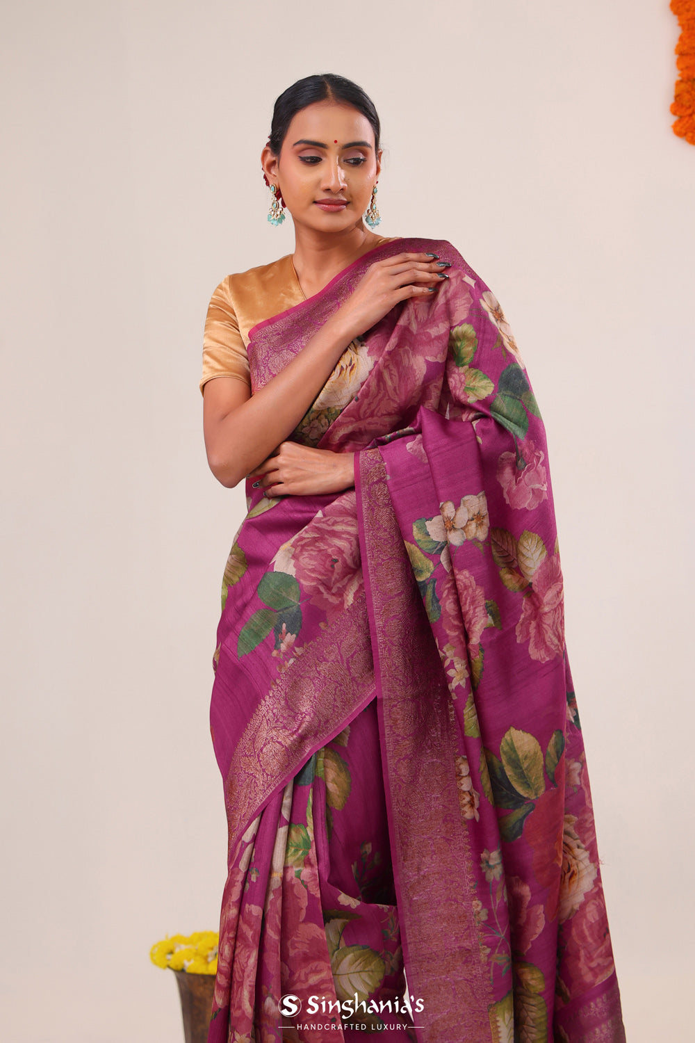 Wine Purple Printed Tussar Silk Saree