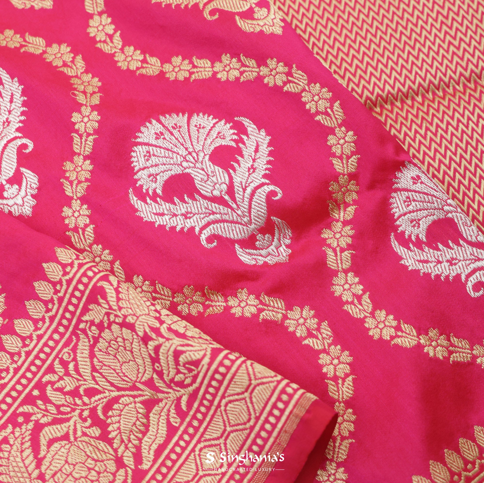 French Pink Silk Saree With Banarasi Weaving