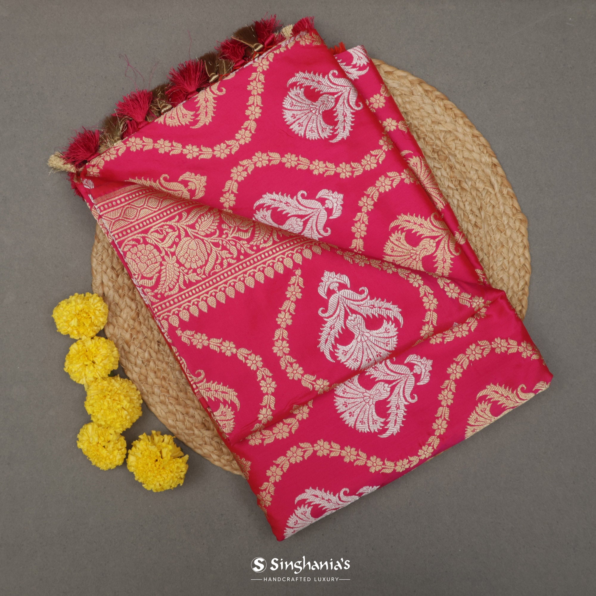 French Pink Silk Saree With Banarasi Weaving