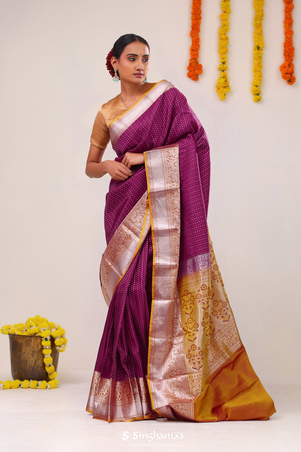 Magenta Pink Butti Kanjivaram Silk Saree